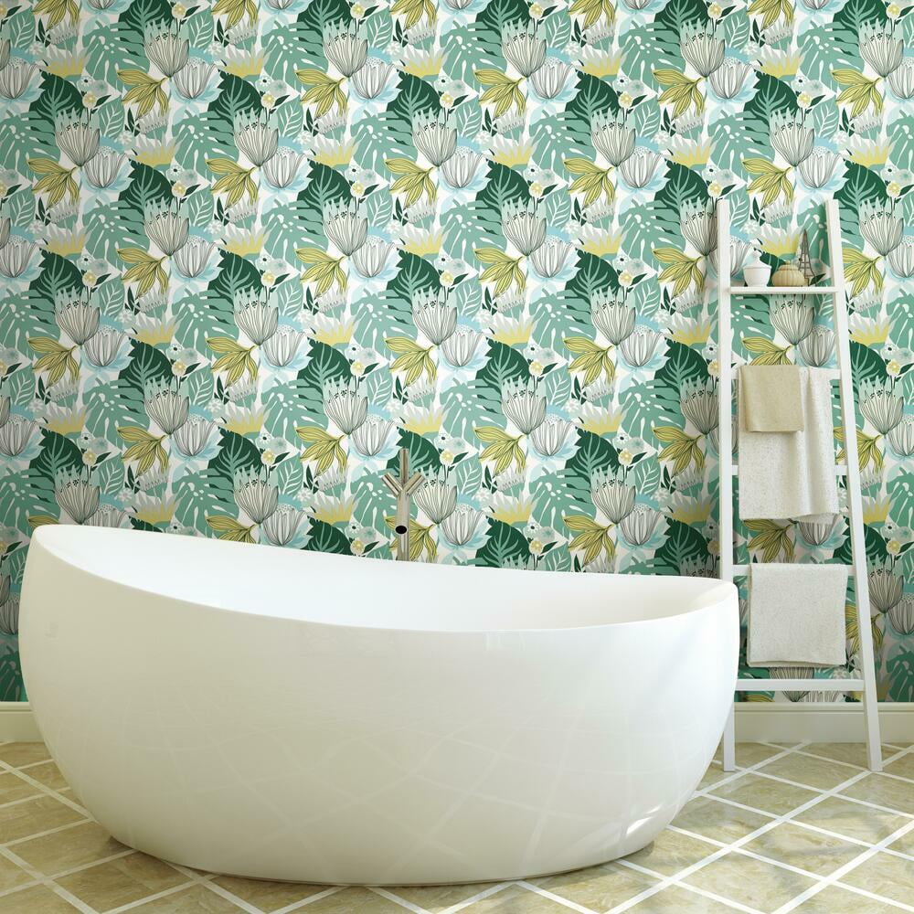 RoomMates Retro Tropical Leaves Peel and Stick Wallpaper (Pink, 20.5 in x 16.5 ft) jncuq