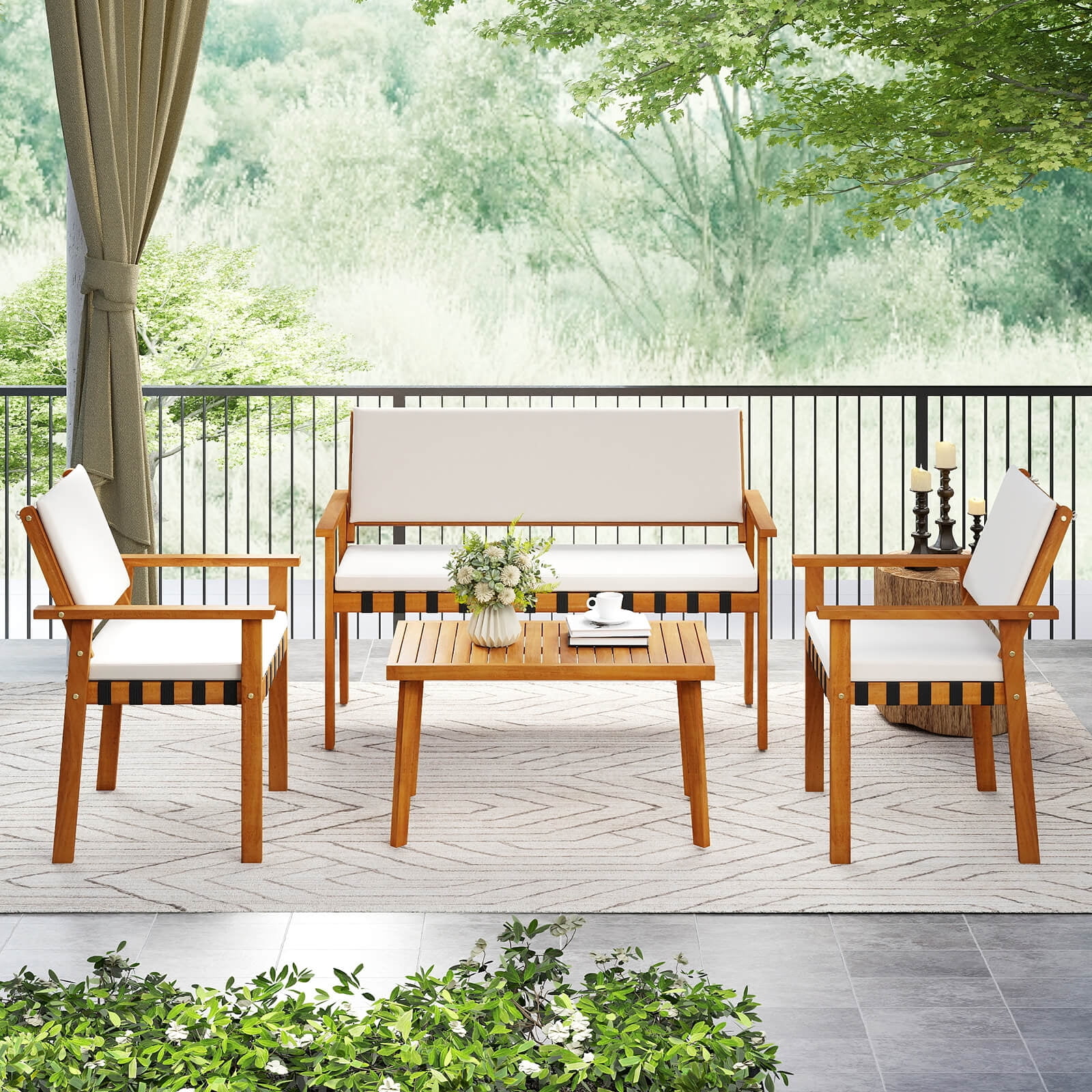Costway 8-Piece Acacia Wood Patio Furniture Set with Coffee Table and Cushions (White, 8-Piece Set) toyzr