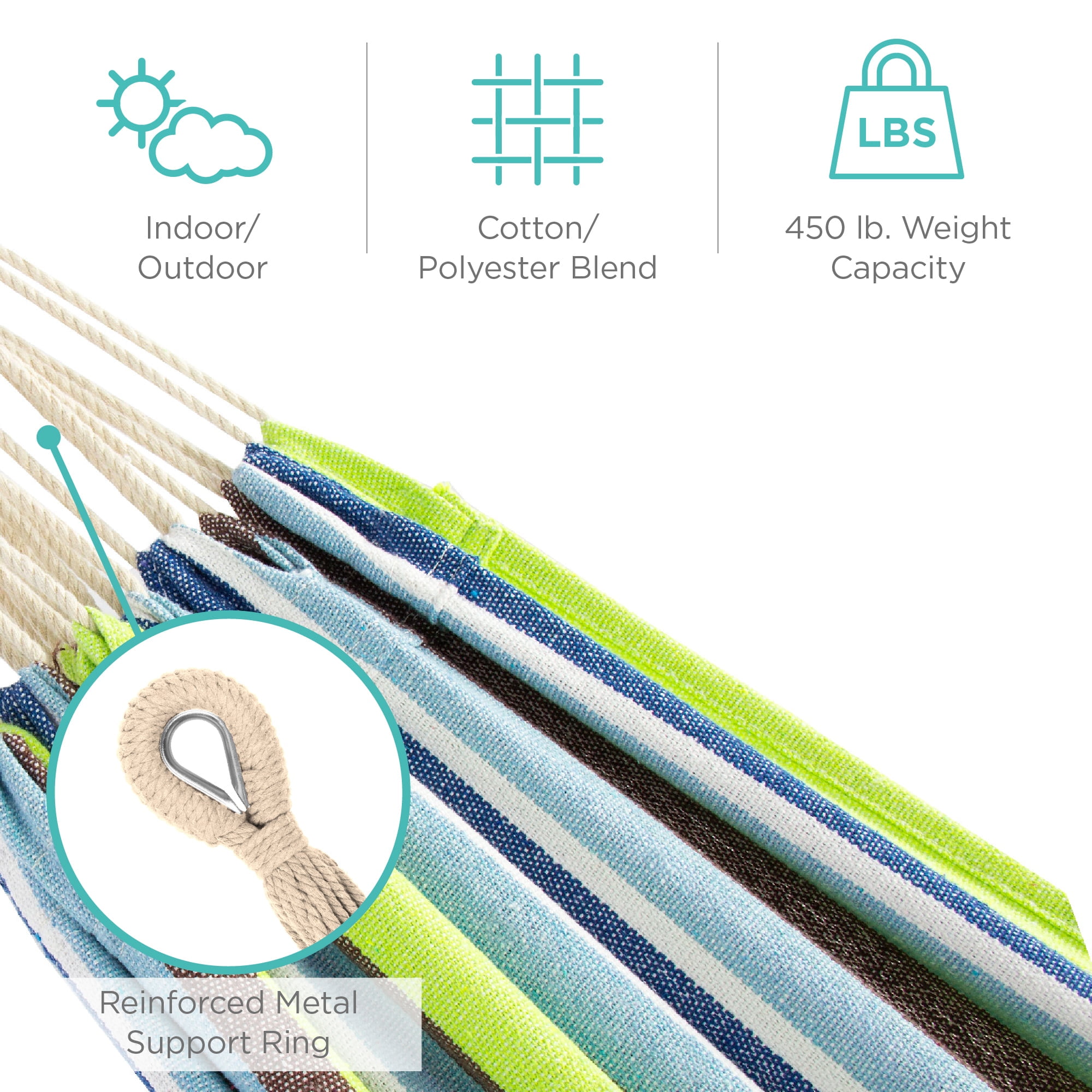 Best Choice Products 2-Person Brazilian-Style Cotton Double Hammock with Stand Set (Blue/Green Stripes, 118.75 in x 48 in x 43 in) fdnpw