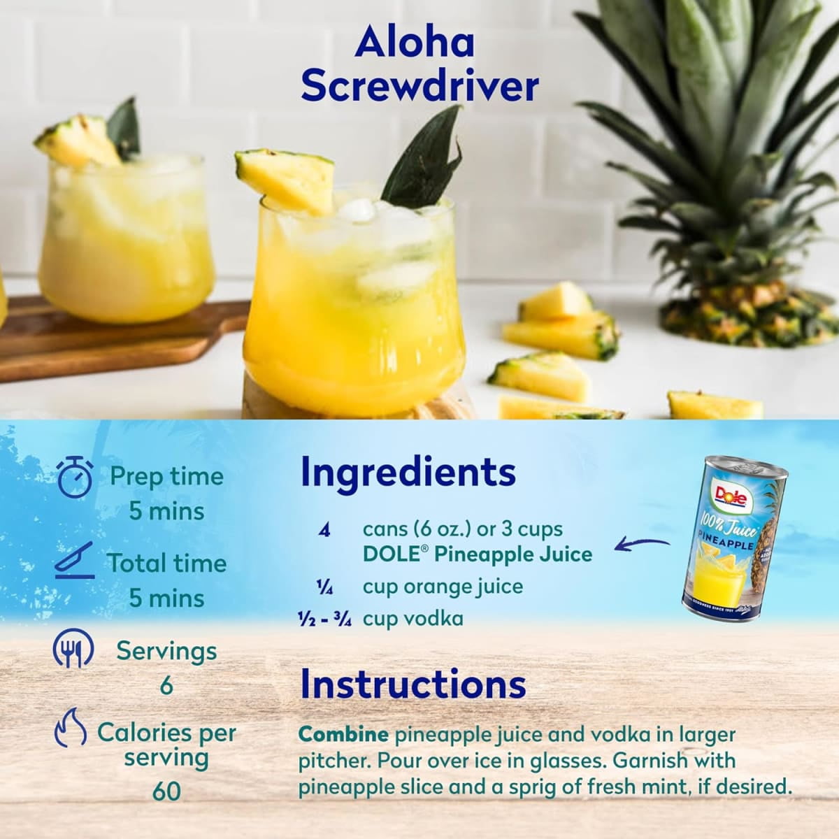 Dole All Natural Pineapple Juice, Refreshing Fruit Drink (6 fl oz, 6 Count) iv0vs
