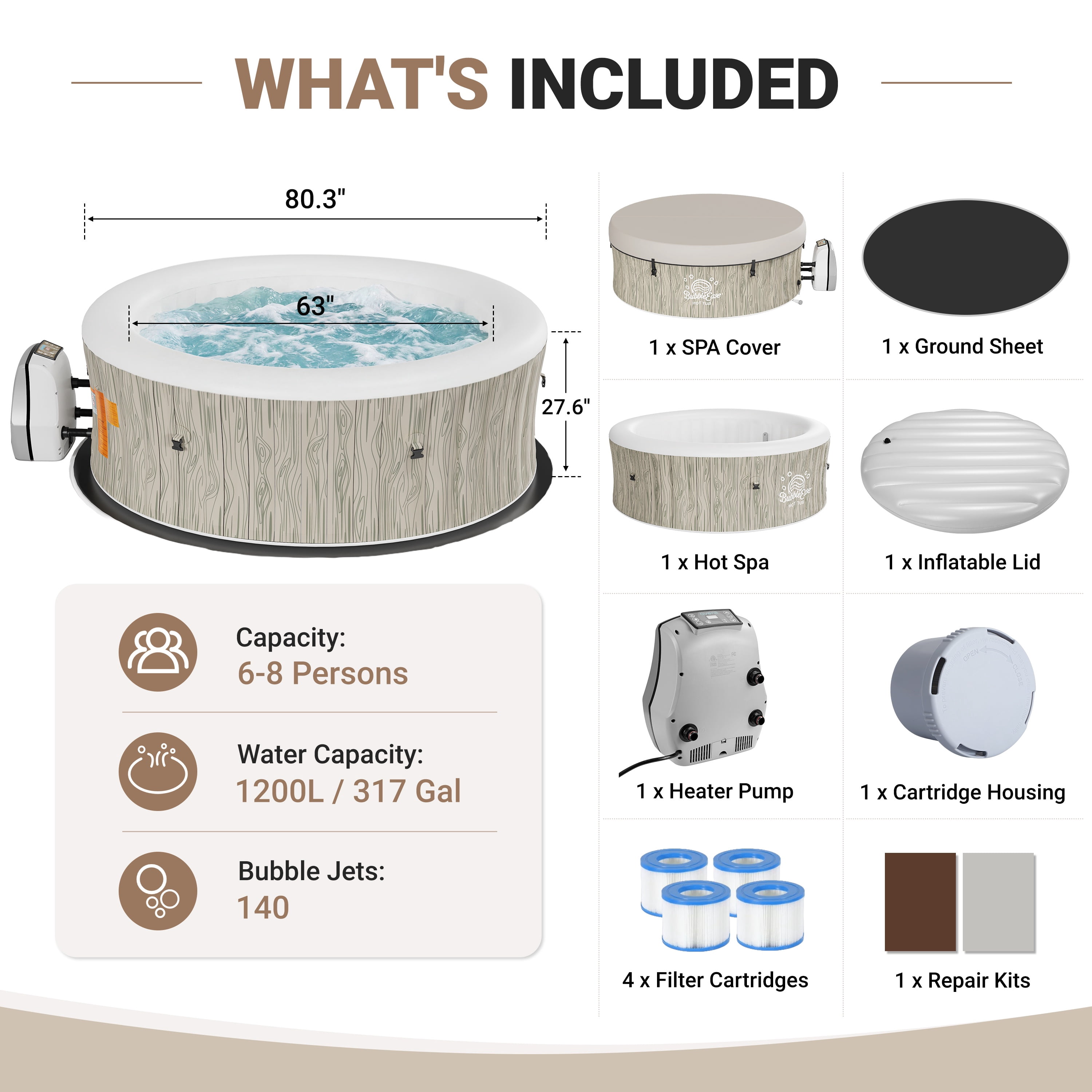Segmart Inflatable Hot Tub, 8-Person Portable Outdoor Spa with 140 Bubble Jets and Heating System (Brown, 80 in) 9347c