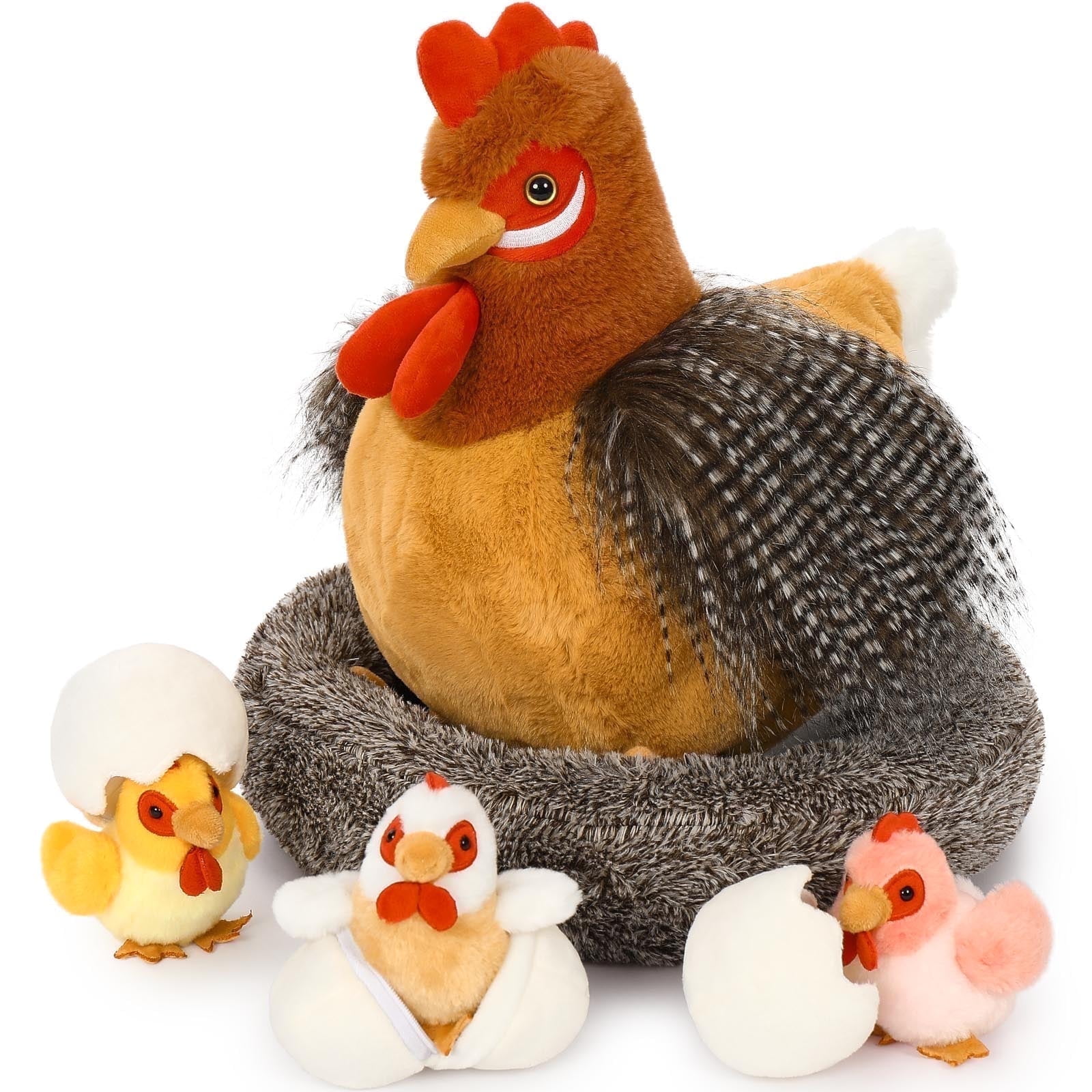 MaoGoLan Chicken Stuffed Animal Set with Plush Chicks and Nest (Brown, 8-Piece Set) l0k0p
