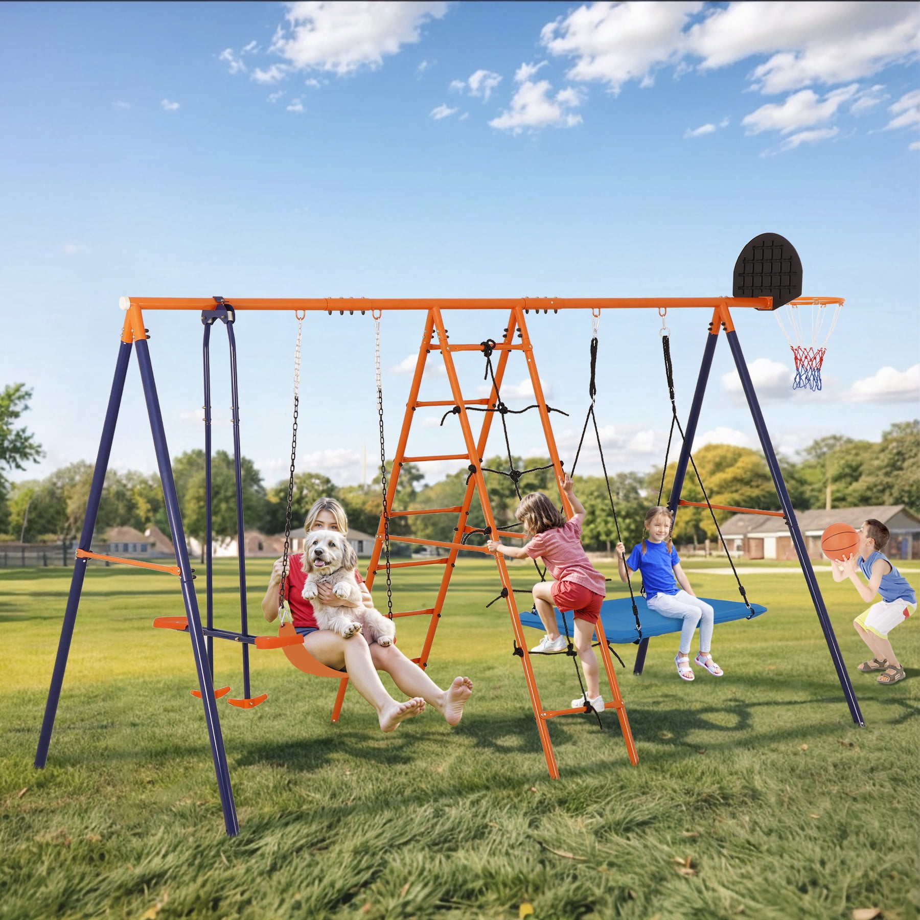 ZenSports 5-in-1 Outdoor Kids Swing Set with Saucer Swing, Belt Swing, Seesaw, Basketball Hoop, and Climbing Ladder (Orange, 660 lb Capacity) wfok7