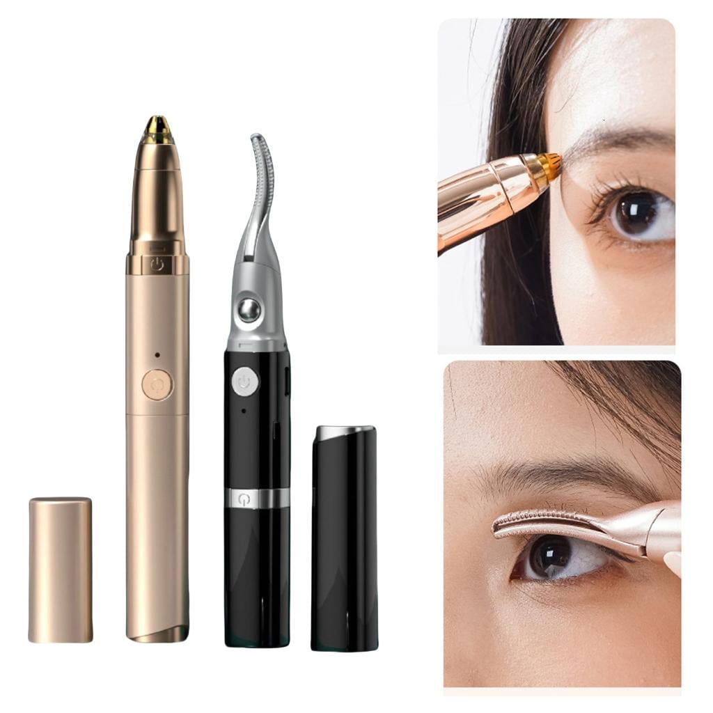 Necvior 2-in-1 Electric Eyebrow Trimmer and Heated Eyelash Curler, Precision Facial Hair Remover (Gold) l3n2t