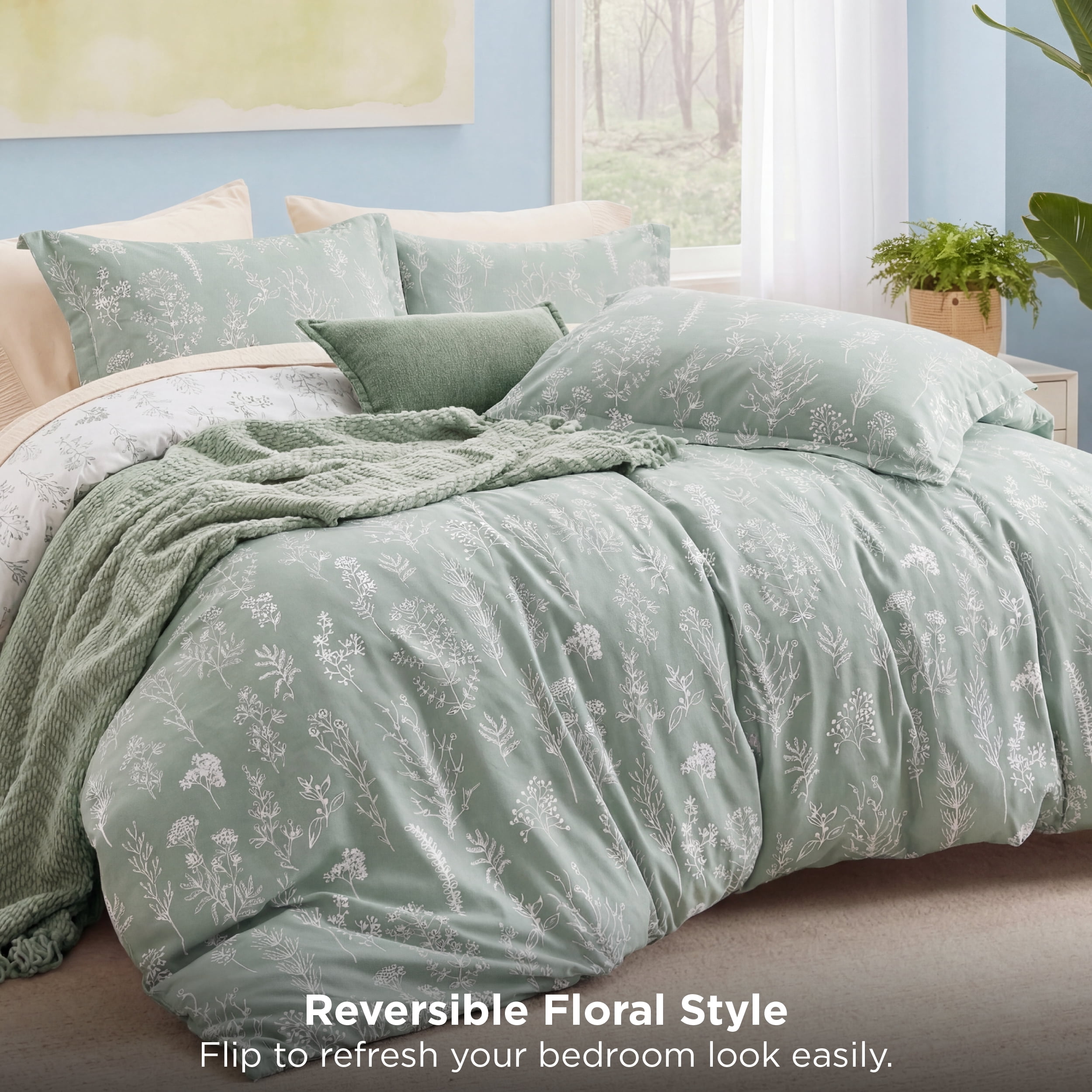 U by Bedsure Botanical Floral Comforter Set, Lightweight Soft Bedding with 2 Pillow Shams (Sage Green, Queen) tnr5d