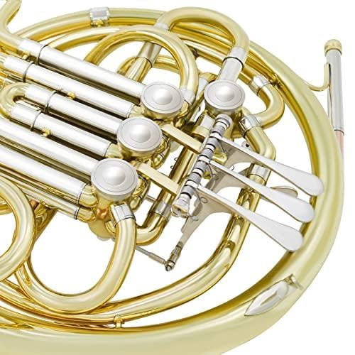 Chehery Double French Horn F/Bb 4-Key Brass Instrument with Case, Mouthpiece, and Cleaning Kit (Gold) o99eu