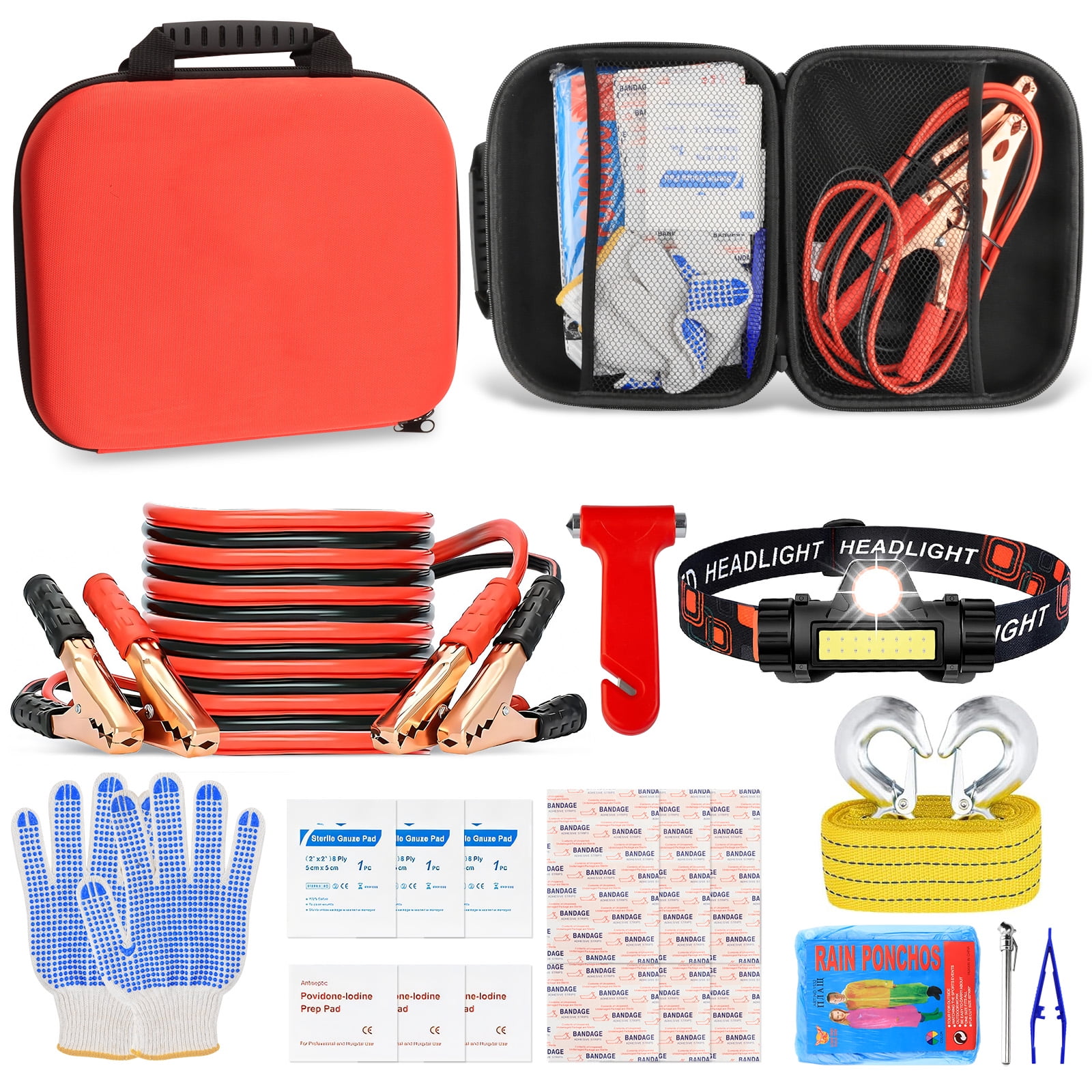 Lafati Roadside Assistance Emergency Kit with Jumper Cables and Safety Tools (Black, 17-Piece Set) bgep7