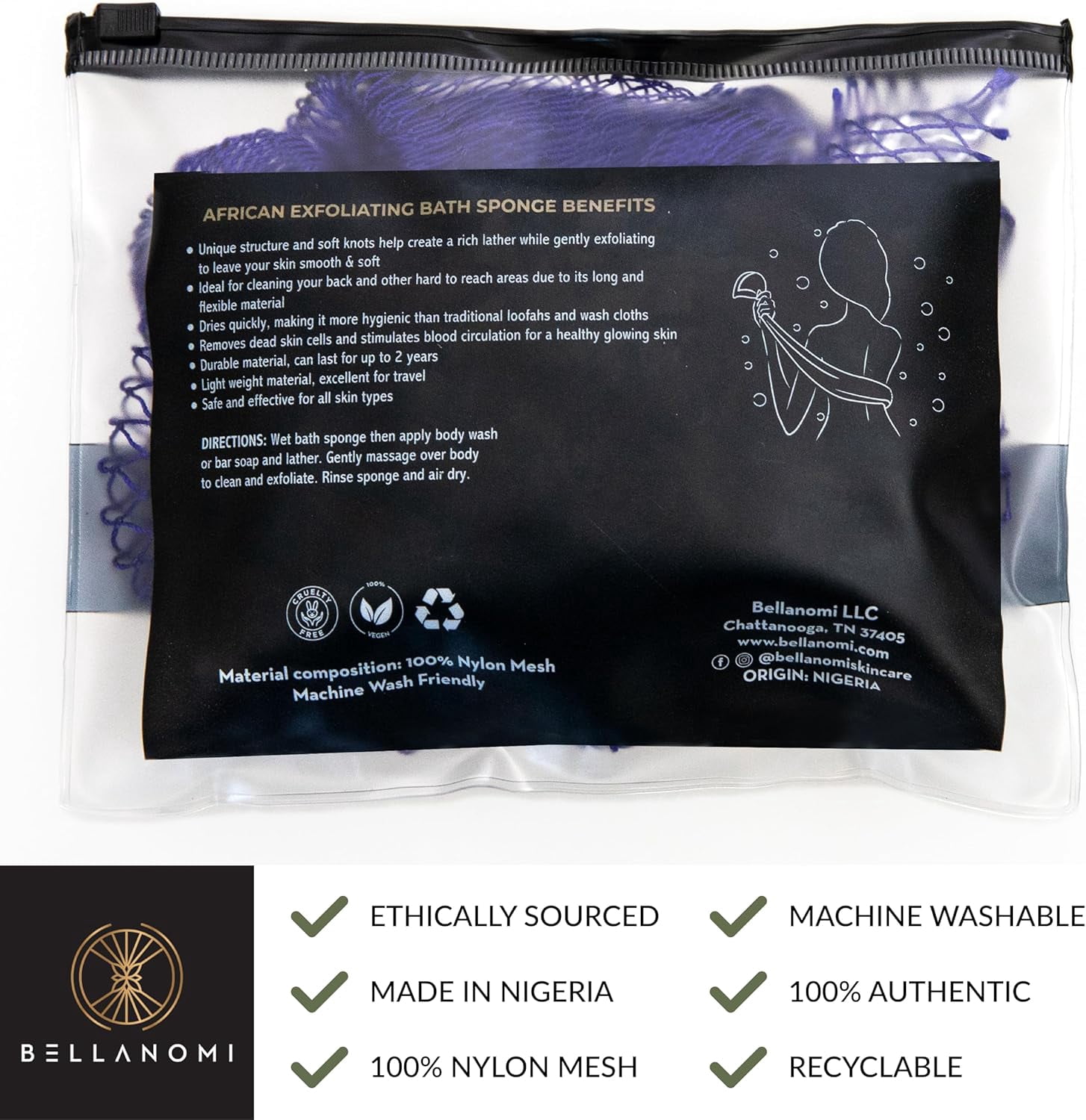 Bellanomi African Net Sponge, Authentic Sapo Exfoliating Back Scrubber for Deep Cleaning and Skin Renewal (Blue, 45 in) 7aaq9