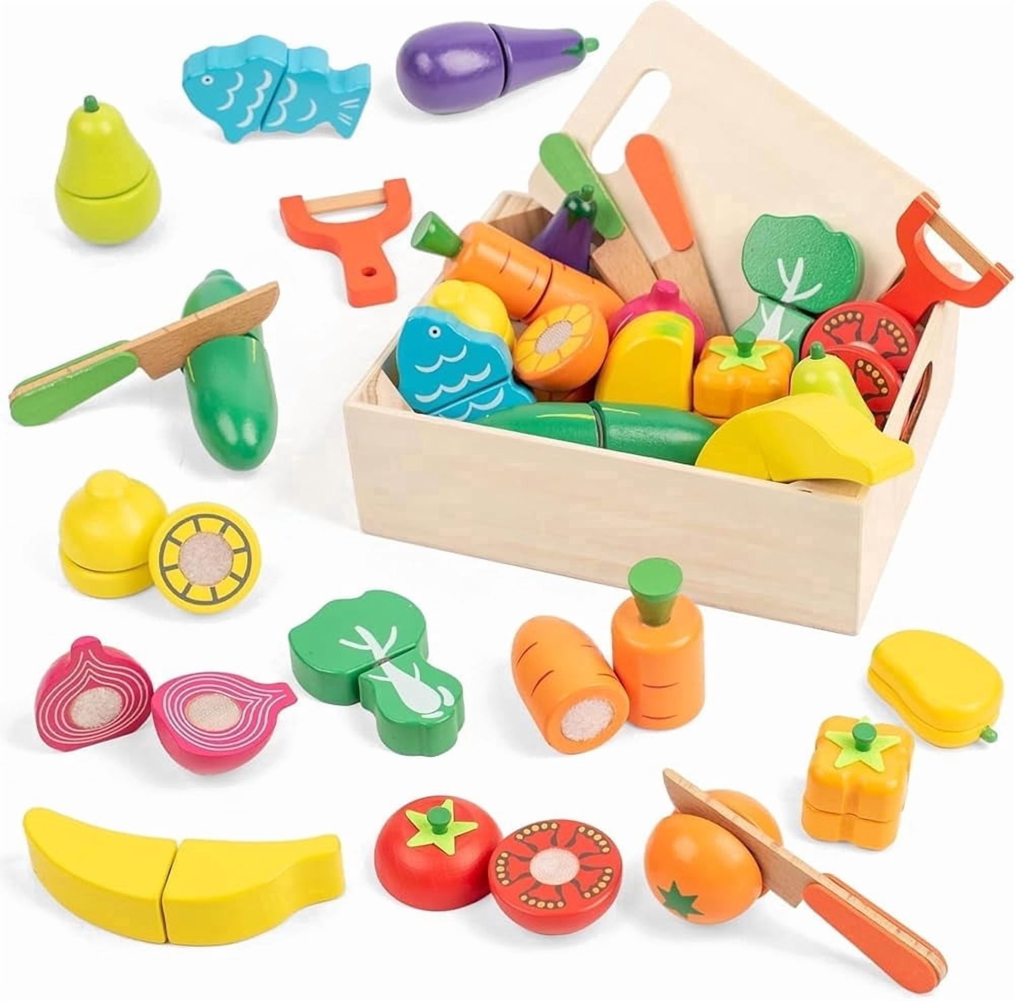 BUSY EDITION Wooden Play Food Set Pretend Kitchen Cutting Toys (32 Pieces) i4gkb