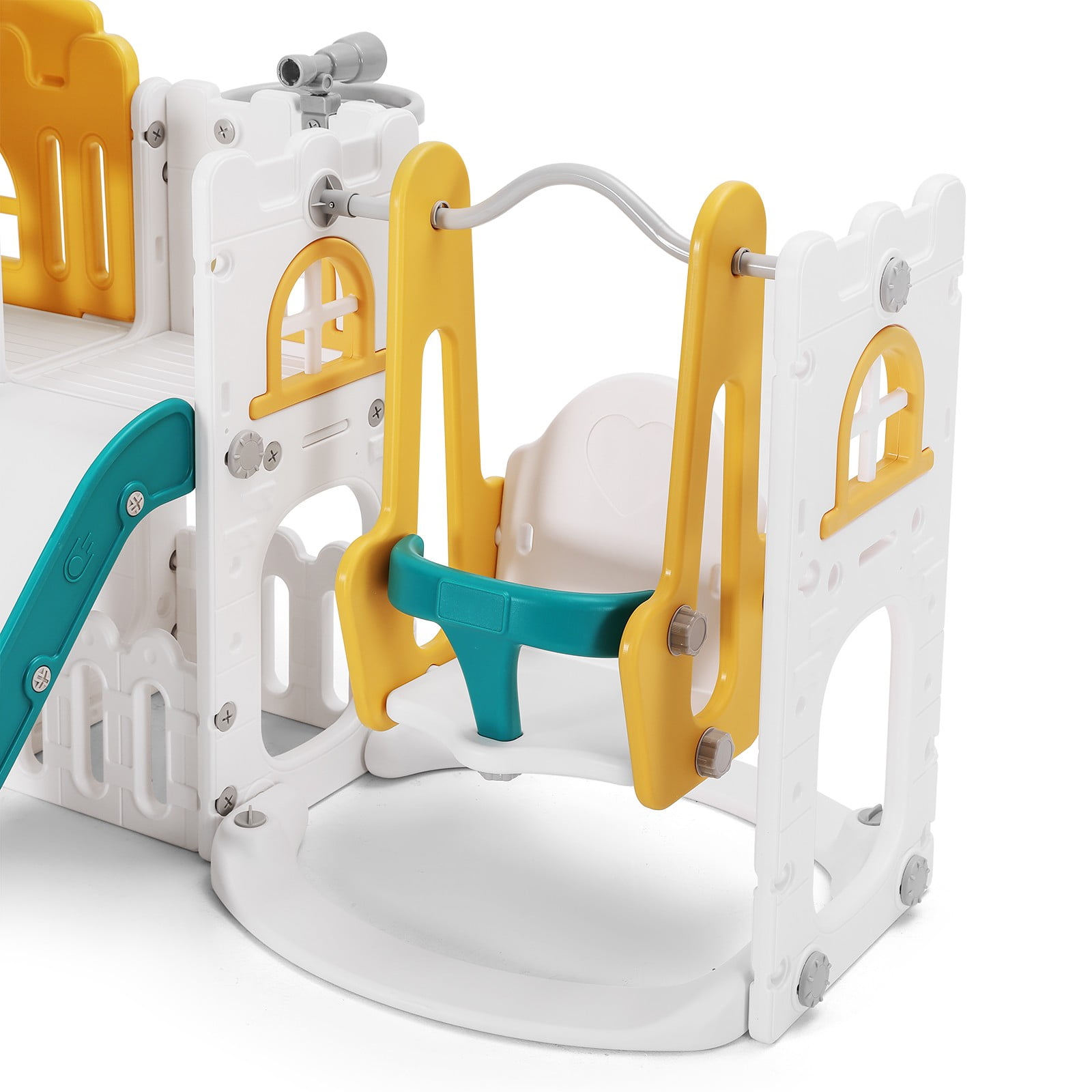 Joyldias 10-in-1 Toddler Slide and Swing Playset with Playhouse and Basketball Hoop (Green, Yellow, White) aeisf