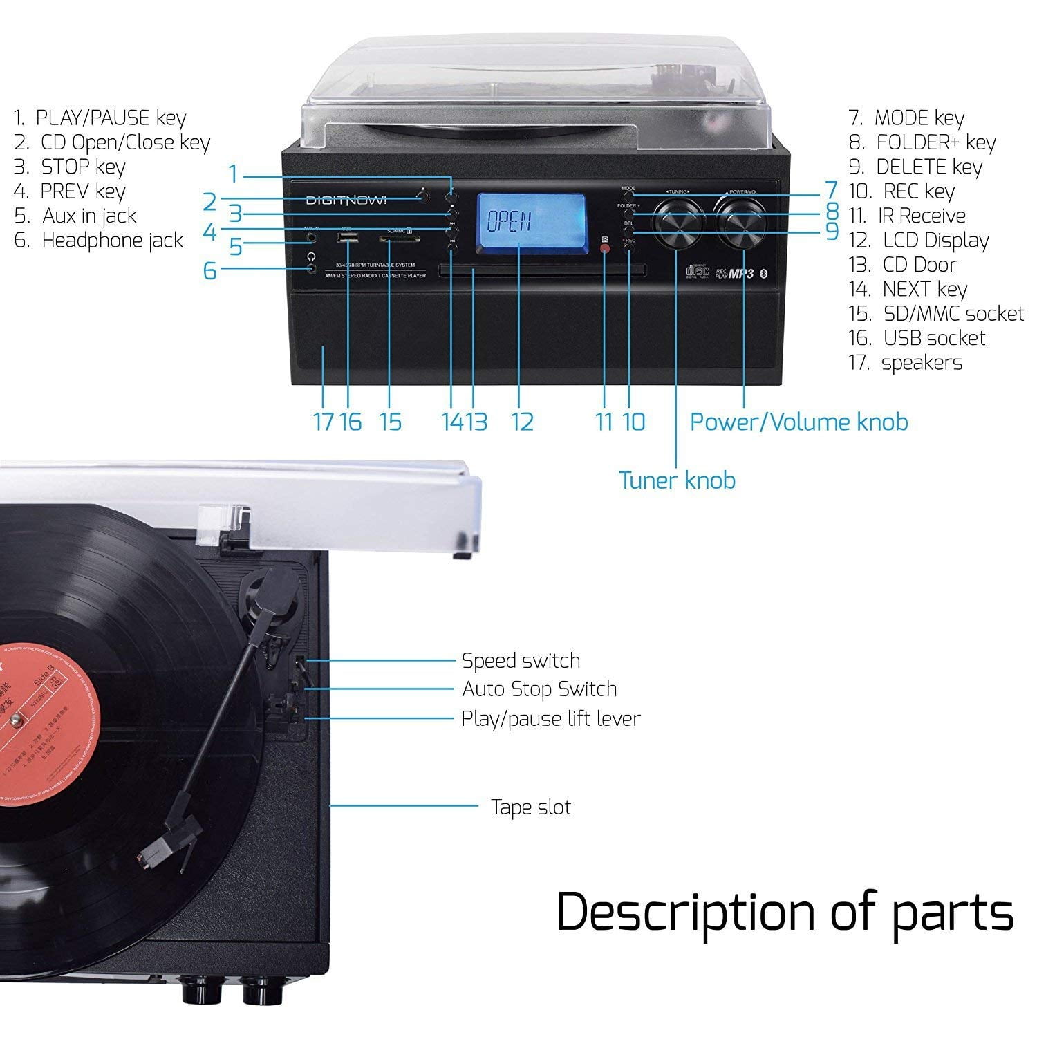 EYESEN Vintage Record Player with Bluetooth, CD Player, Cassette Deck, and AM/FM Radio (Stereo Speakers, Remote Control) bshug