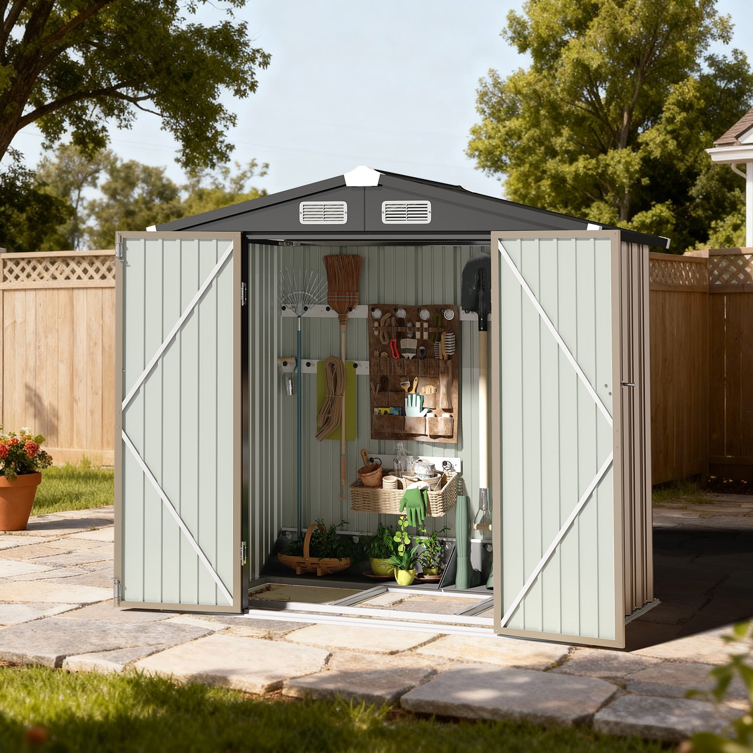BaPiPro Outdoor Storage Shed, Heavy-Duty Galvanized Steel Garden Tool Shed with Integrated Base and Locking Doors (Brown, 79 in x 50 in x 74 in) qsn8v