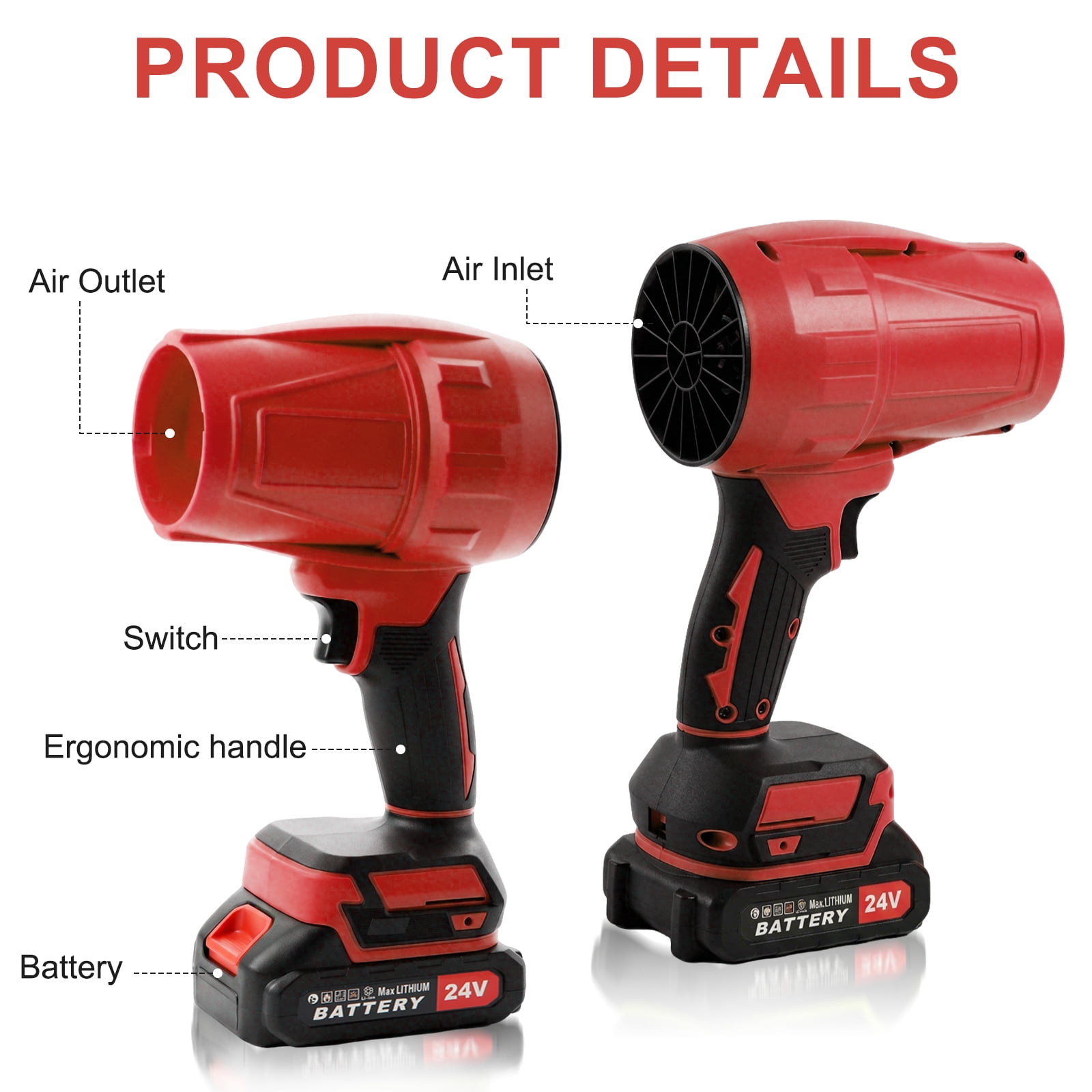 KingFurt Cordless Leaf Blower, High-Speed Turbine Power Sweeper for Lawn and Patio Maintenance (Red, 24V) egrn7