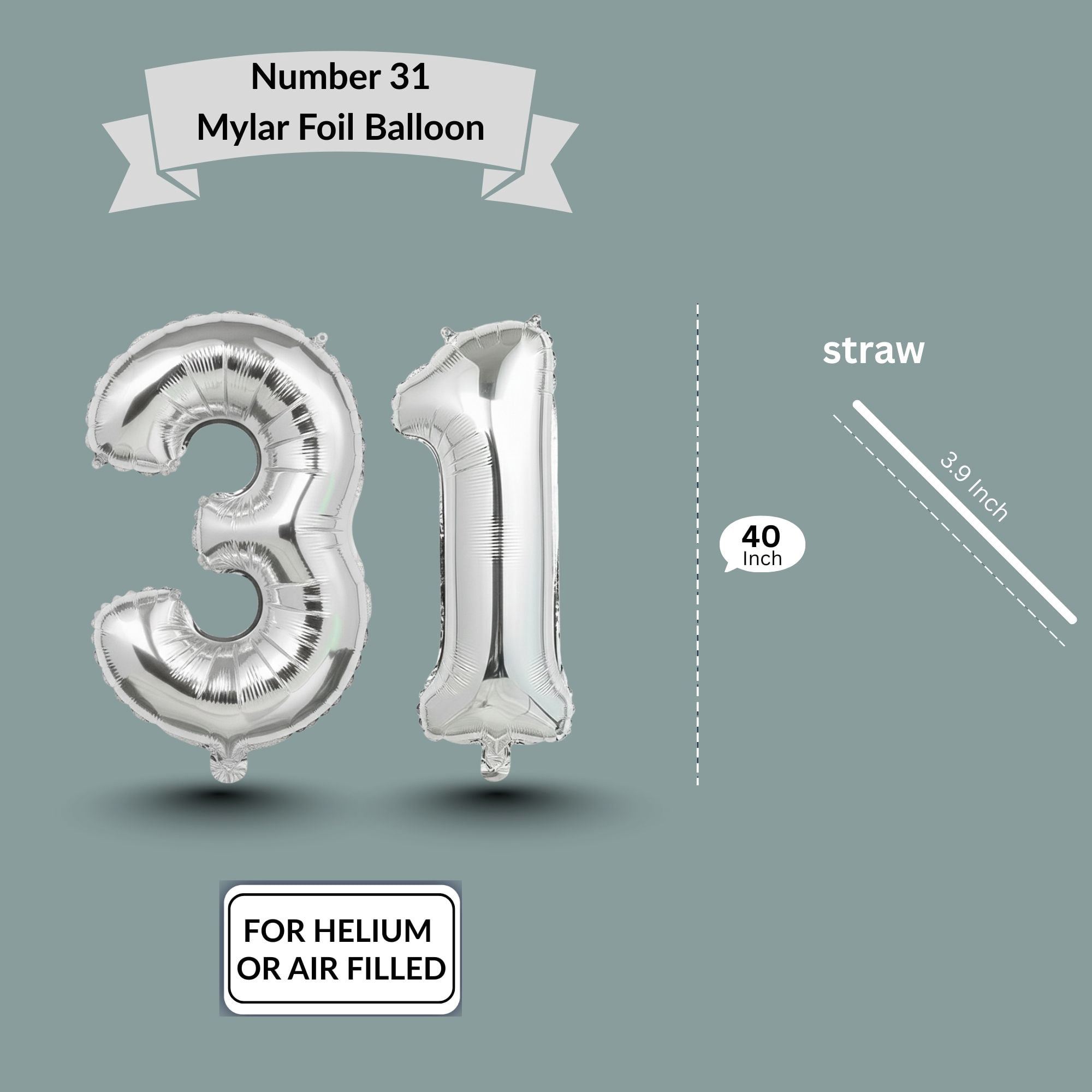 PARTY BALLOONS DELIVERY Number 31 Mylar Foil Balloon Set (Silver, 40 in) rik9y