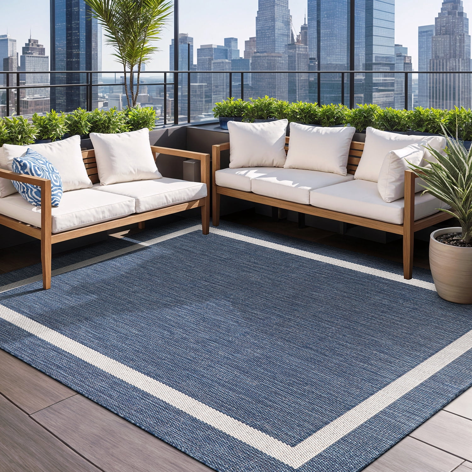 Beverly Rug Indoor/Outdoor Area Rug, Bordered Patio Porch Garden Carpet (Blue and White, 8 ft x 10 ft) 9ji9h