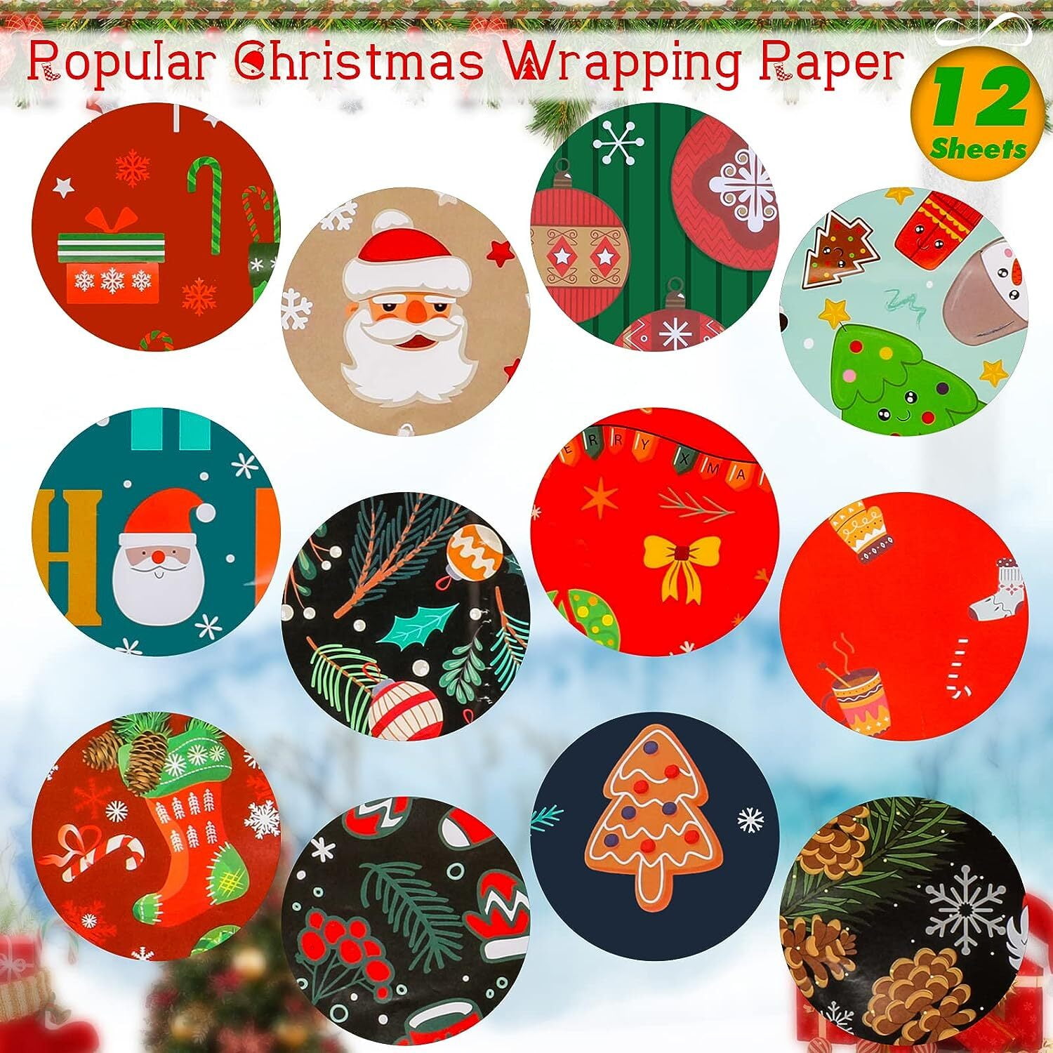 Konsait Christmas Wrapping Paper Sheets, Traditional Festive Gift Wrap for Holiday Presents (Assorted Designs, 12 Pack, 29x20 in) v1lda