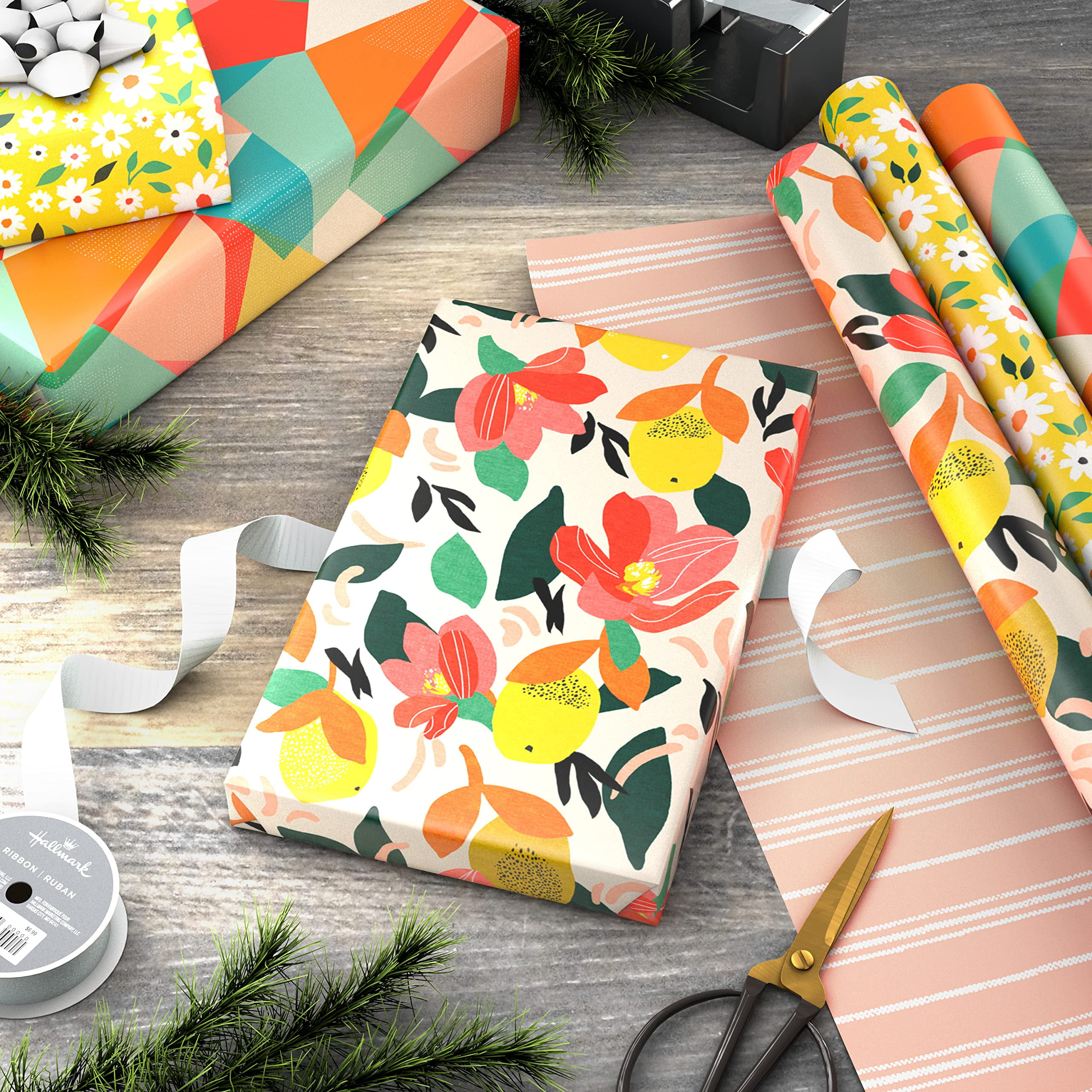 Hallmark Reversible Wrapping Paper Set (Floral, Lemon, Abstract Designs, 3 Rolls, 75 sq ft Total) yda5t