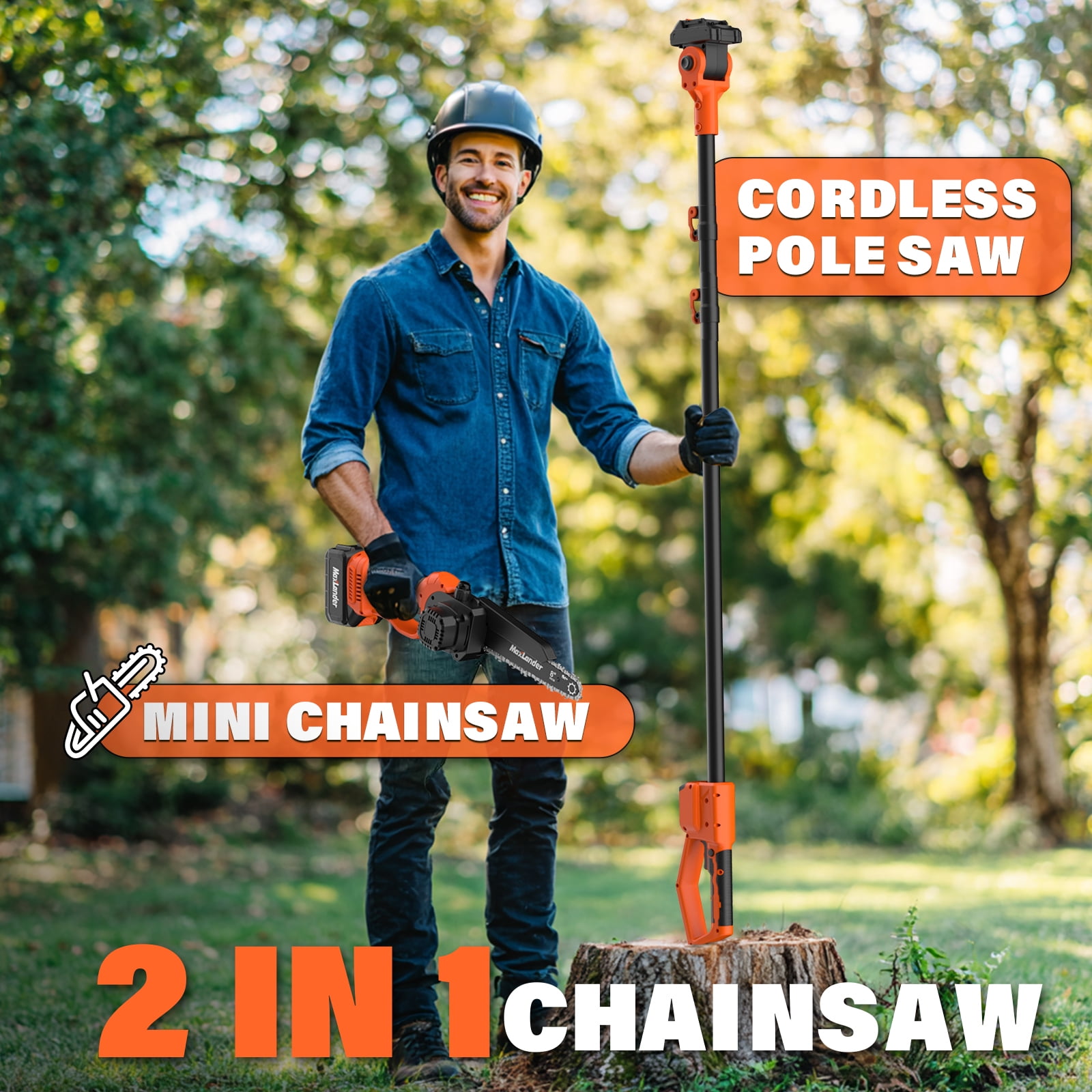 Maxlander 2-in-1 Cordless Pole Saw and Mini Chainsaw, Electric Tree Trimmer with 14ft Reach (8 in, 20V Battery) fh99i