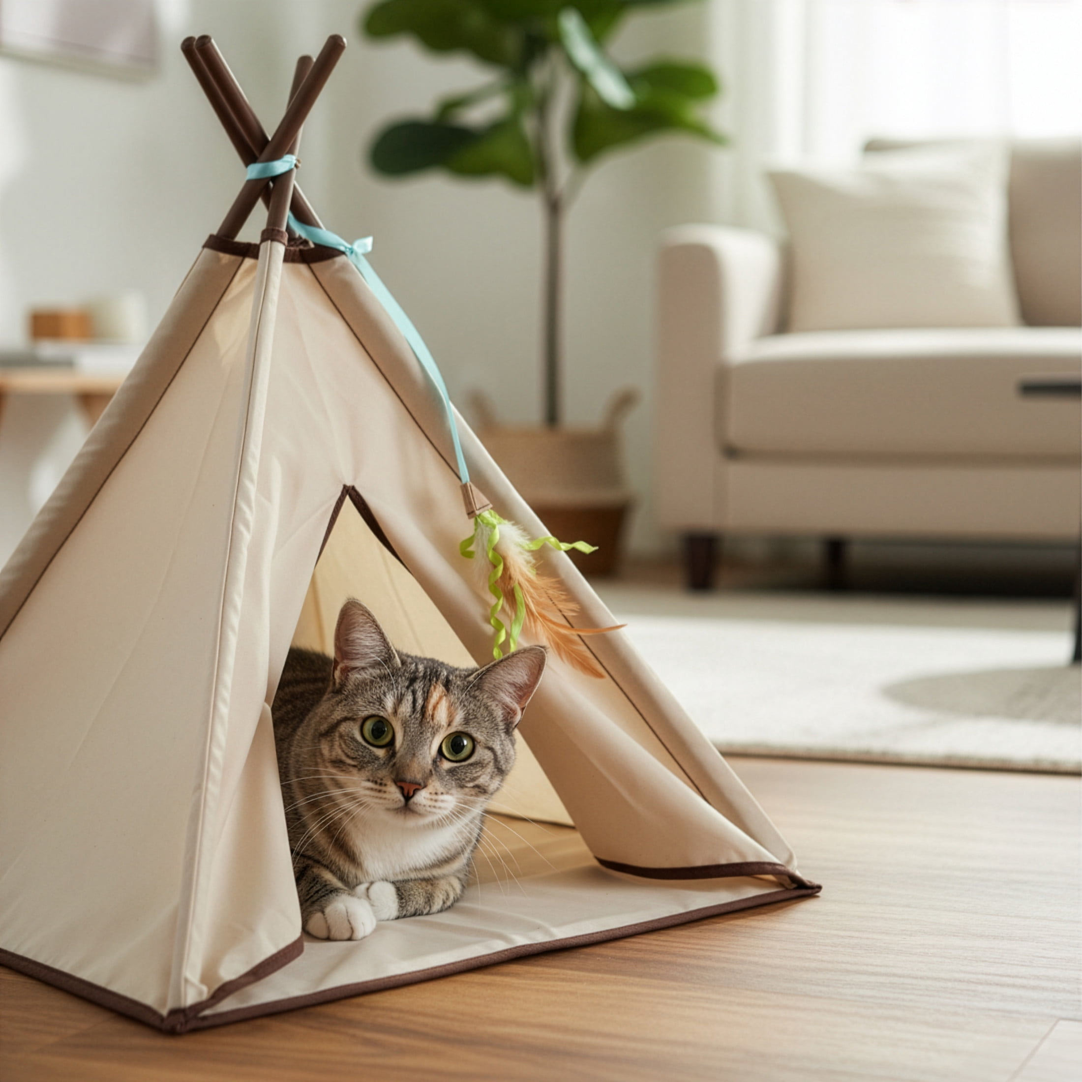 SmartyKat Kitty Camp Crinkle Cat Tent Hideaway with Detachable Dangling Feather Toy (Beige, 18 in x 18 in x 18 in) we4q5