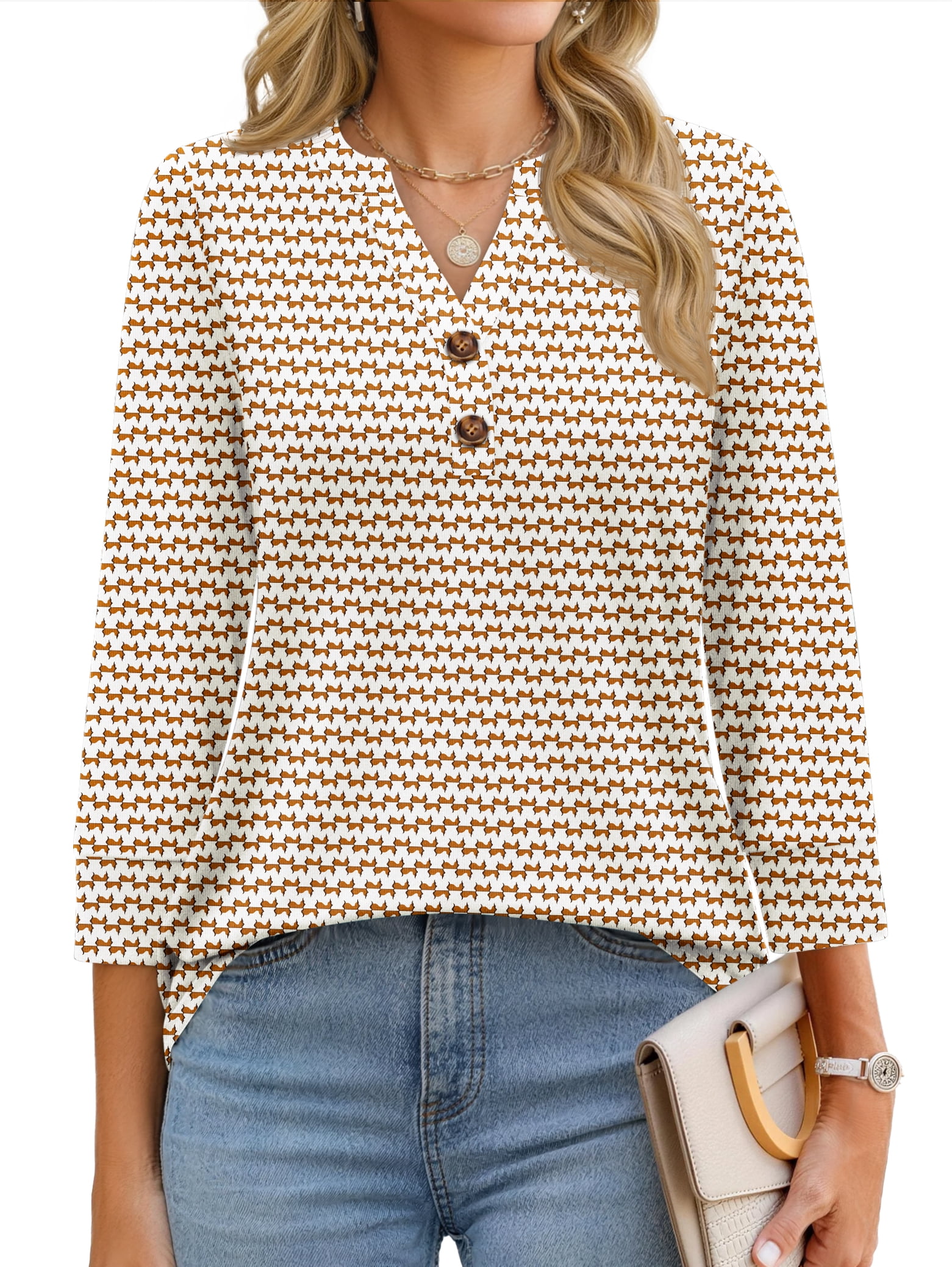 Fantaslook Womens V Neck Henley Blouse 3/4 Sleeve Dressy Casual Top (White, L) gyauw