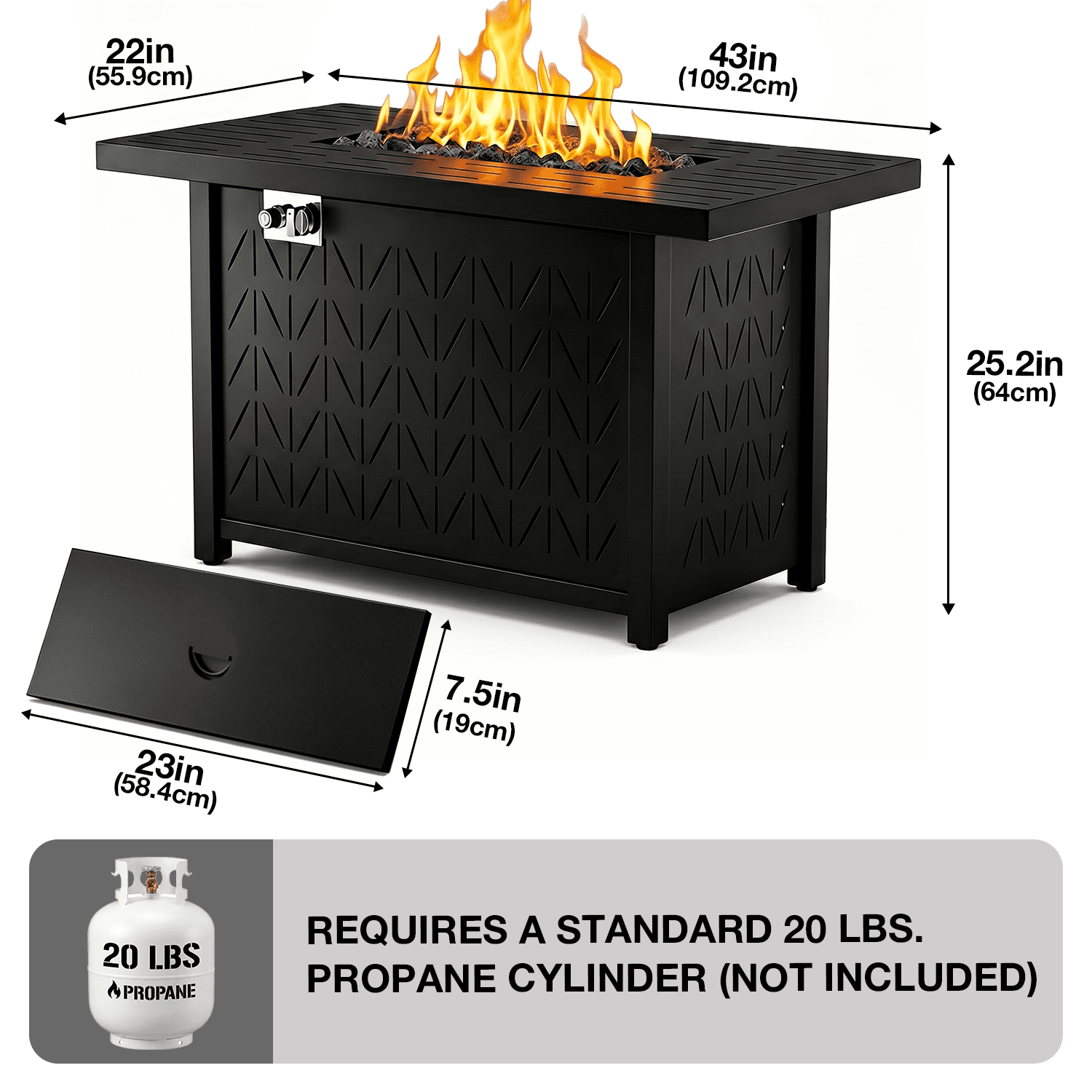 Vornel 43 in Rectangular Propane Fire Pit Table, 50000 BTU 2-in-1 Gas Fire Table with Lid and Cover (Black, 43 in) yeym8
