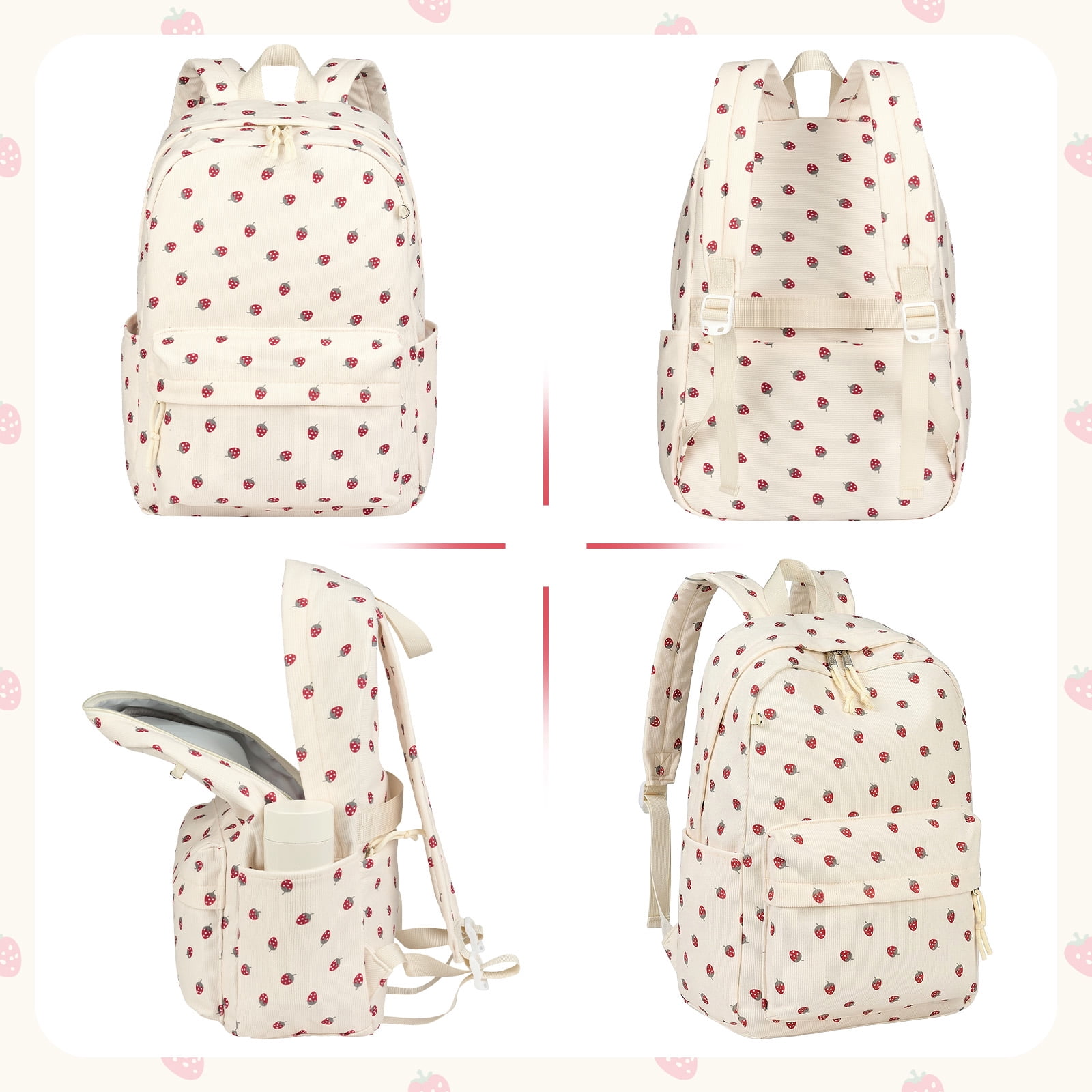 DAKIMOE School Backpack for Girls, Lightweight Large Capacity Bookbag for Teens (Beige Strawberry, 13 in x 6 in x 17 in) 31kgd