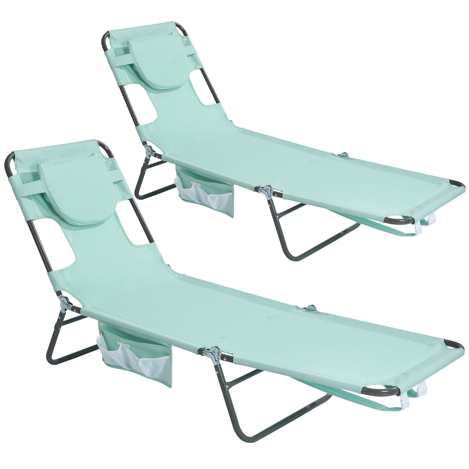 Sunnyfeel Outdoor Reclining Beach Chair, Folding Chaise Lounge with Face Hole and Pillow (Green, 75 in x 22 in) q9u5b
