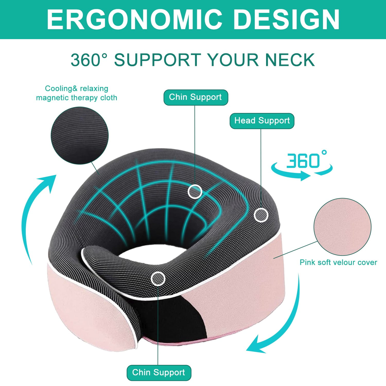 Merryhome Memory Foam Travel Neck Pillow, Ergonomic 360-Degree Support with Eye Mask and Earplugs (Pink, 0.7 lb) 5ih4y