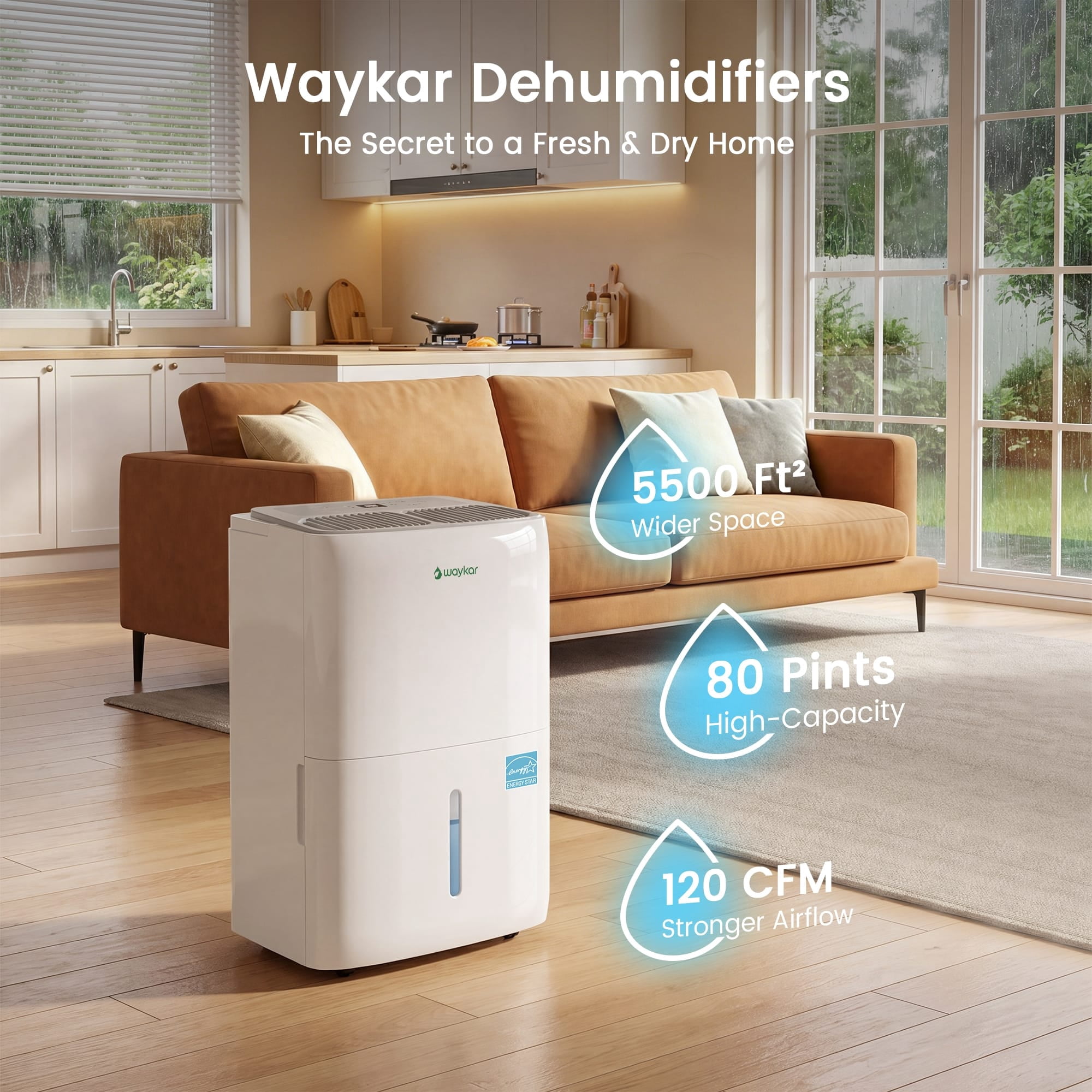 Waykar 80 Pint Portable Dehumidifier for Home and Basement (Energy Efficient, 1.45 Gallon Tank, 3.3 ft Drain Hose) fvltr