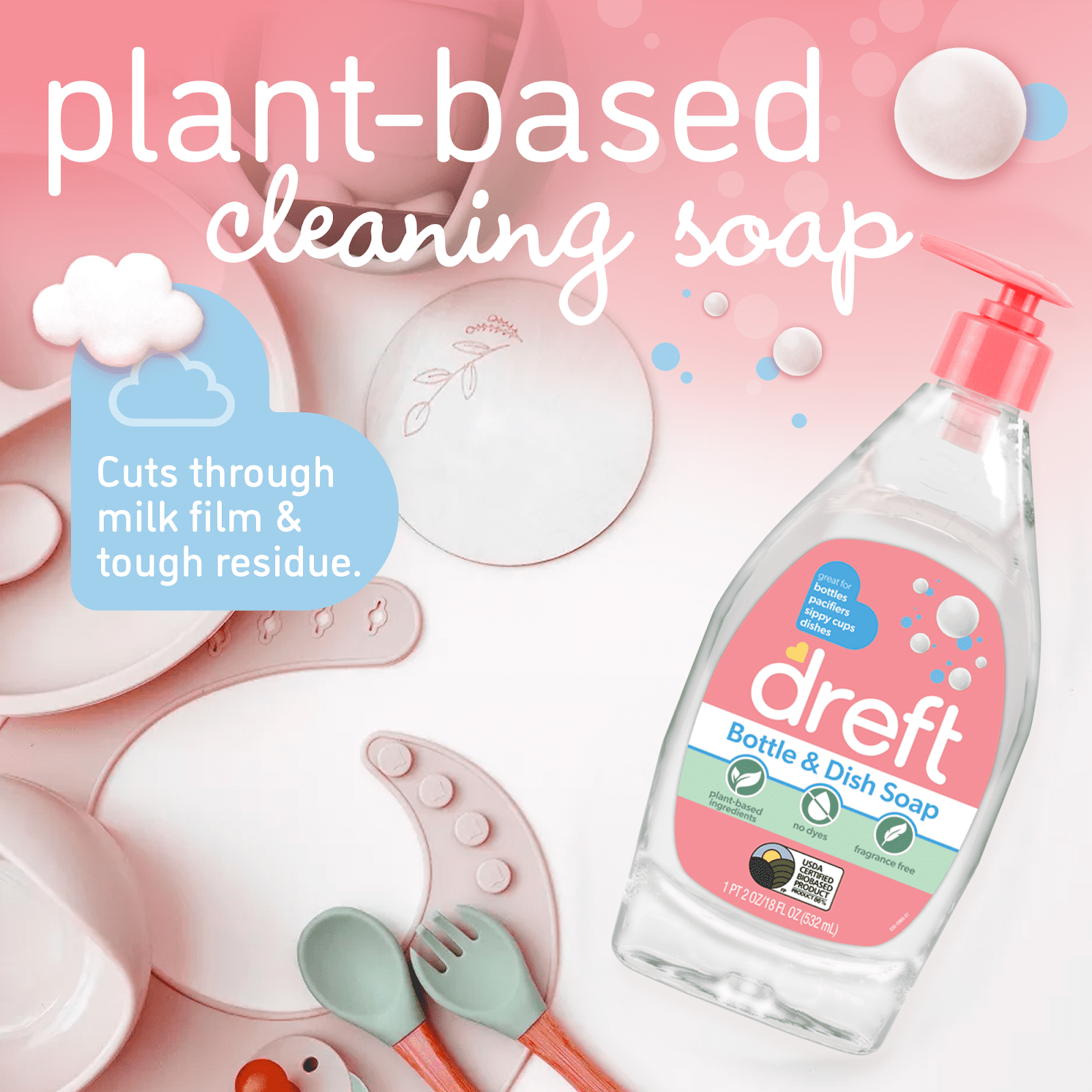 Dreft Plant-Based Liquid Dish Soap for Baby Essentials (Fragrance Free, 18 fl oz) yno6m