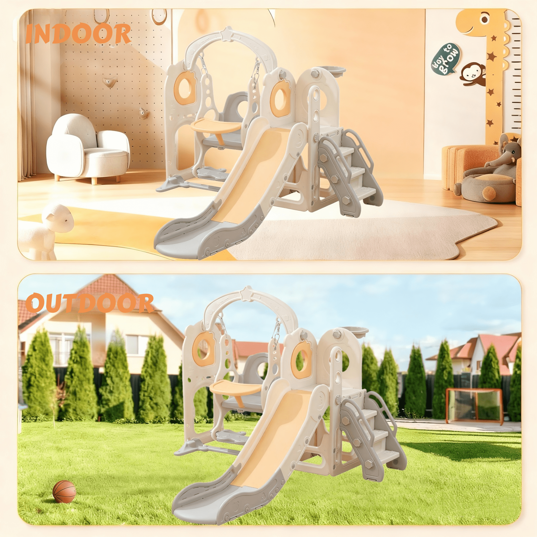 Zimeng 6-in-1 Toddler Slide and Swing Set, Indoor Outdoor Playground Climber Playset with Basketball Hoop (Beige, 34.65 in x 12.2 in x 21.26 in) ibmia