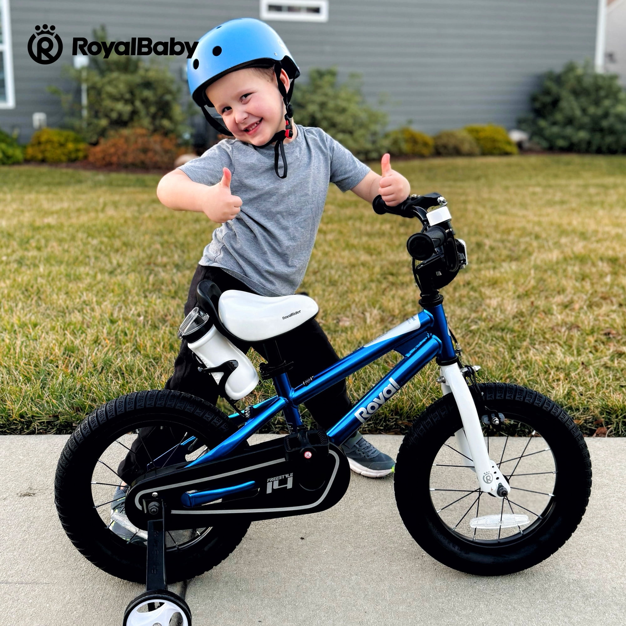 Royal Baby 14 in BMX Freestyle Kids Bike with Training Wheels (Blue, 14 in) yqirx