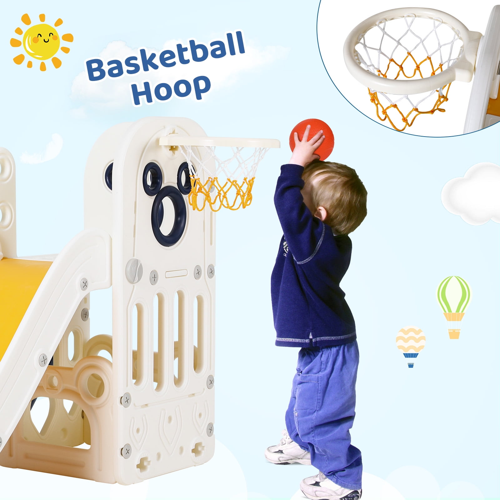 Arlopu 4-in-1 Toddler Slide and Climber Playset with Basketball Hoop (Blue, 60 in L x 18 in W x 30 in H) h7hyo