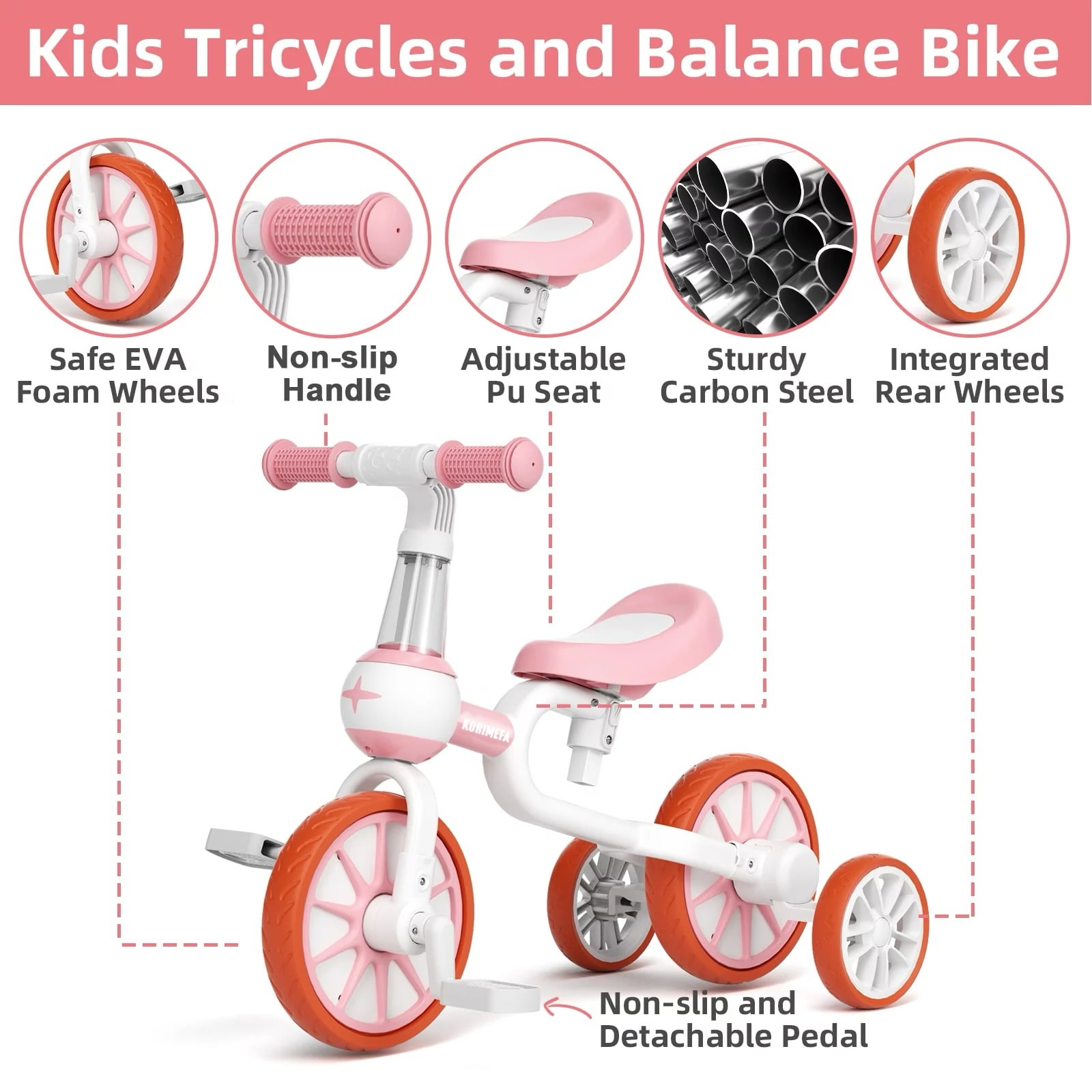 KORIMEFA 3-in-1 Kids Tricycle and Balance Bike, Convertible Toddler Riding Toy (Pink, 66.14 lb Capacity) de0ja