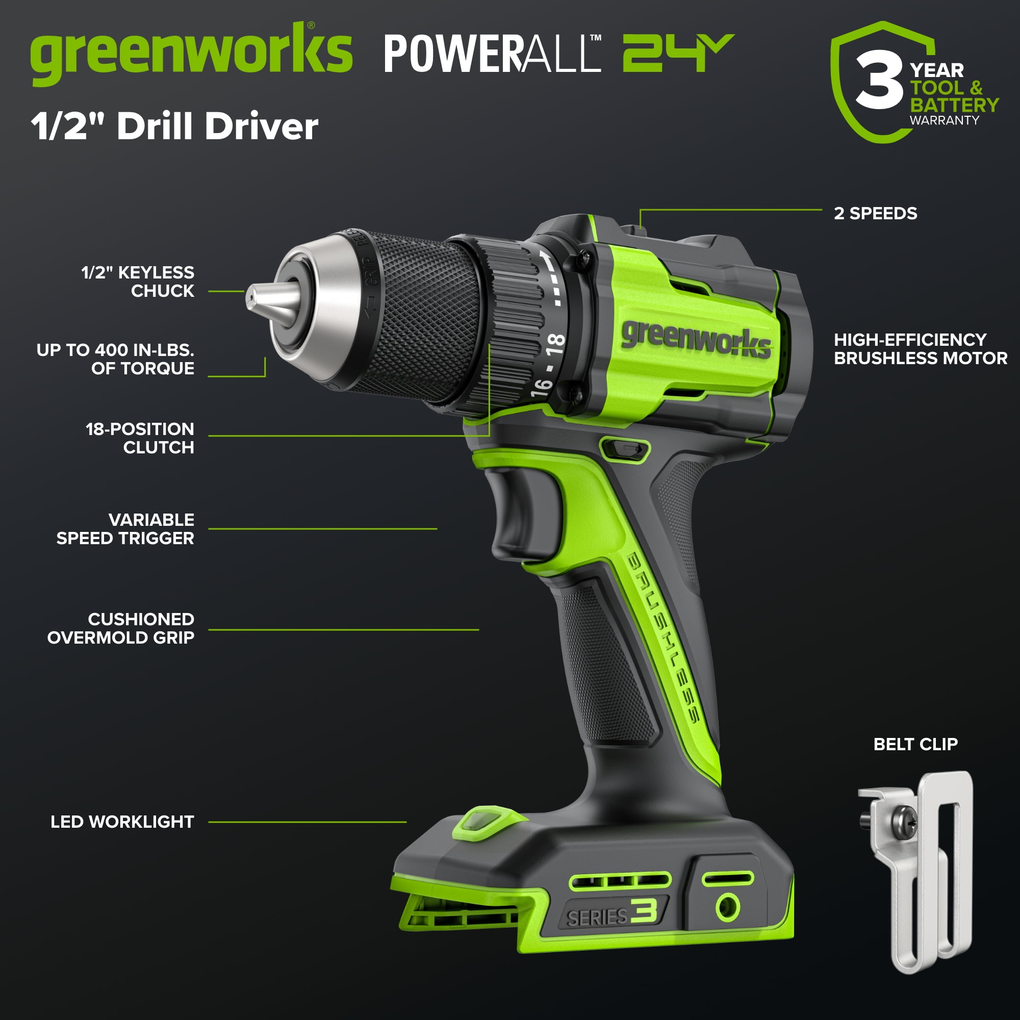 Greenworks 24V Cordless Brushless 4-Piece Power Tool Combo Kit with Drill, Impact Driver, Circular Saw, Flashlight, Batteries, and Charger (Green) gr6y7