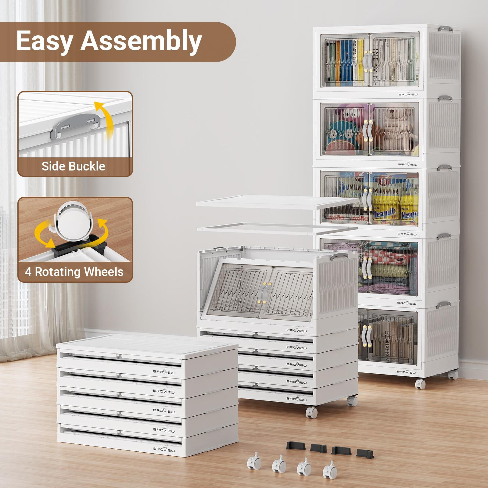 Broview Stackable Storage Bins with Lids and Wheels, Collapsible Plastic Closet Organizers (White, 3 Pack, 240 qt Total) 7haee