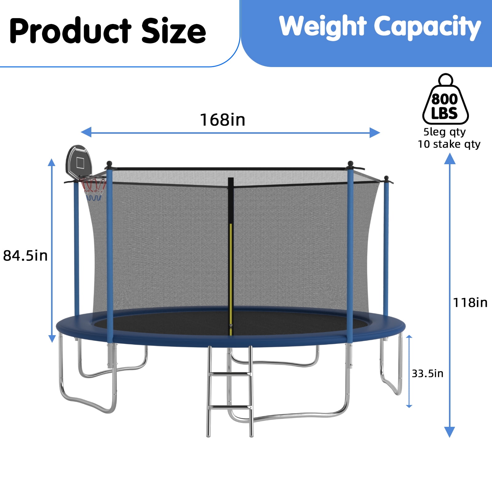 SENCHO GINSYTALIOR Round Outdoor Trampoline with Enclosure Net and Basketball Hoop (Blue, 14 ft) 5l0bm