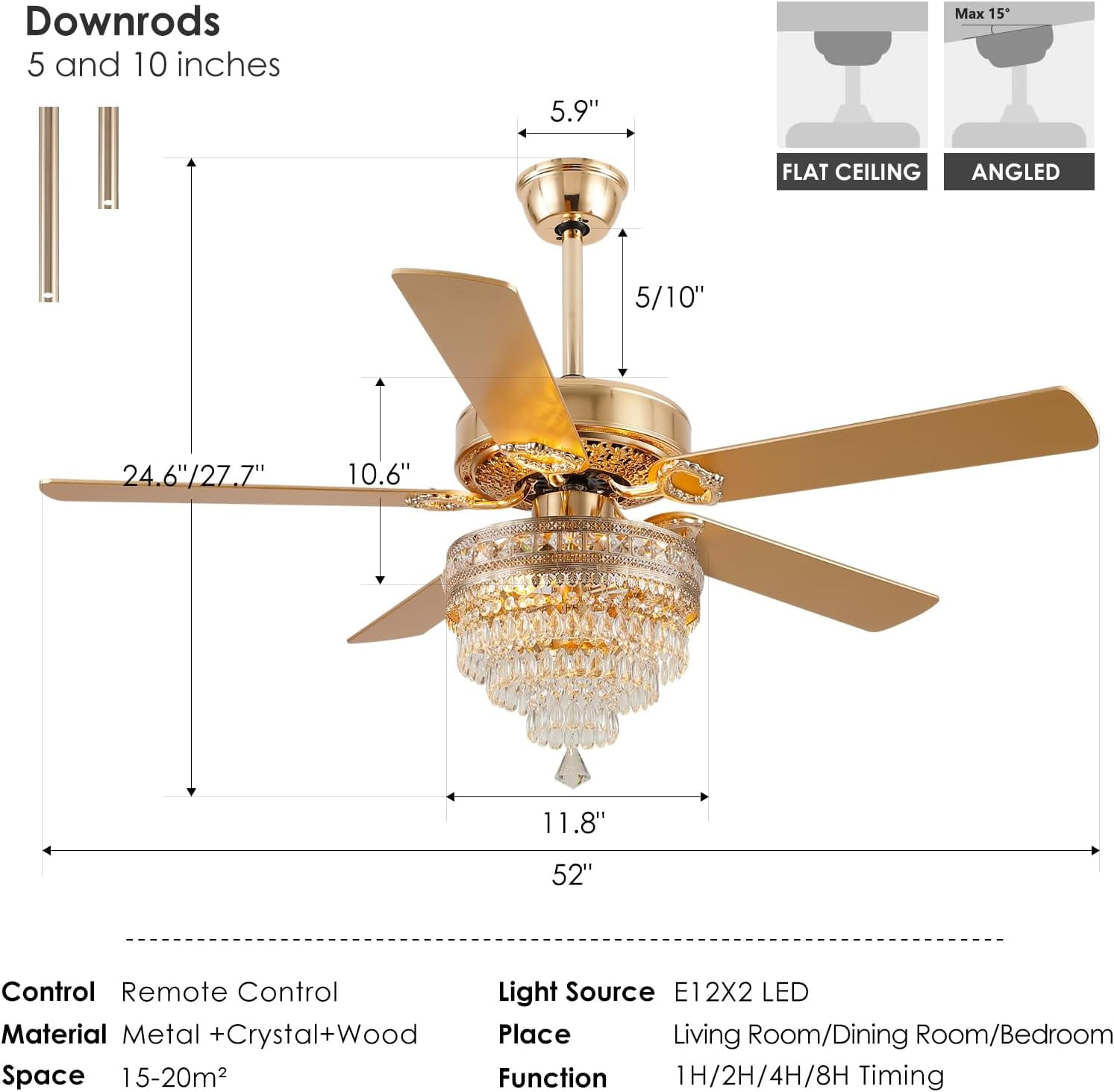 Yiosi 52 in Crystal Chandelier Ceiling Fan with Remote Control, 3-Speed AC Motor, Farmhouse Lighting for Living Room (Gold, 52 in) zuq47