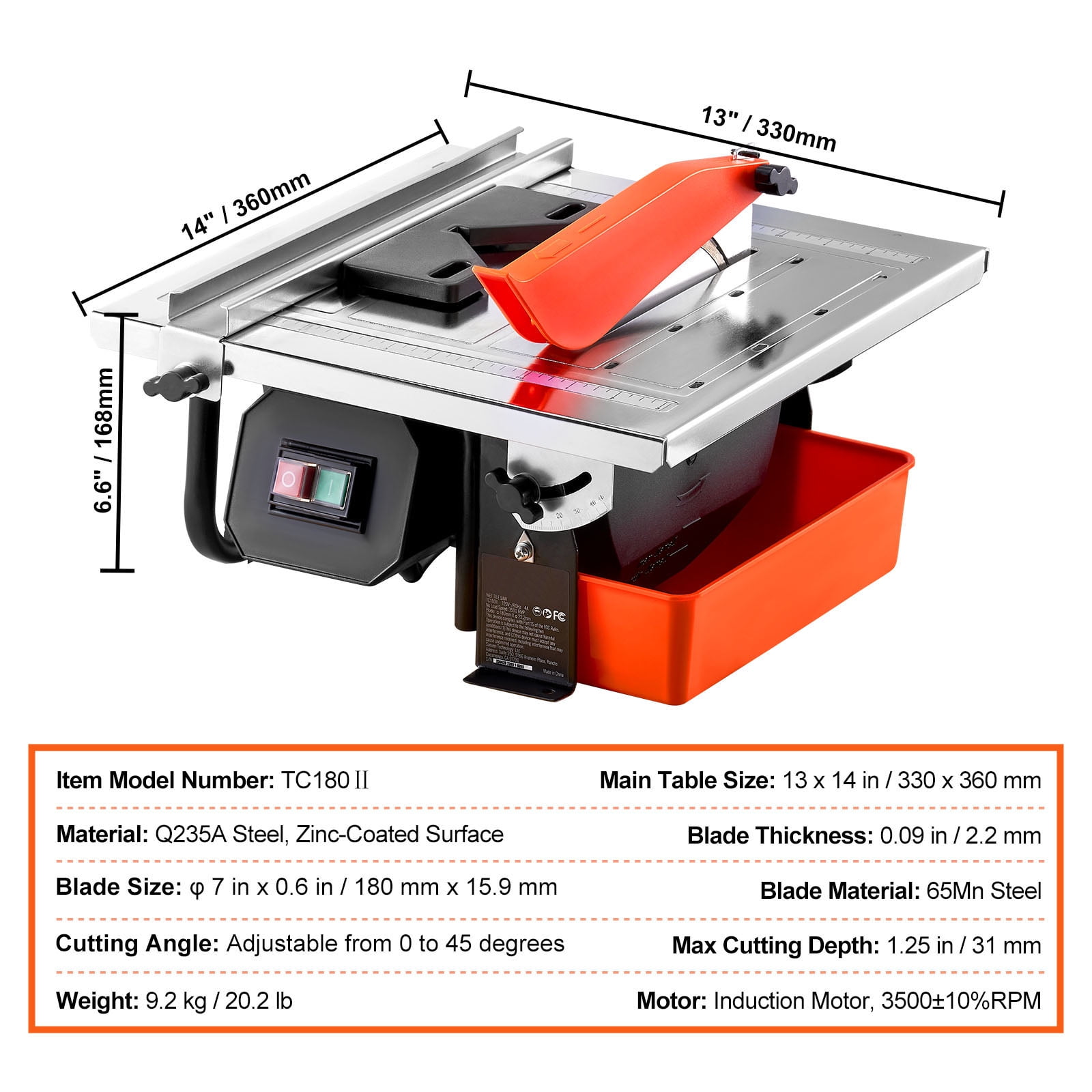 KFFKFF Wet Tile Saw, 7-inch Steel Blade, 3500 RPM Induction Motor, 0-45 Degree Miter Cut, Galvanized Surface (Black, 1.25 in Depth) jv0bm