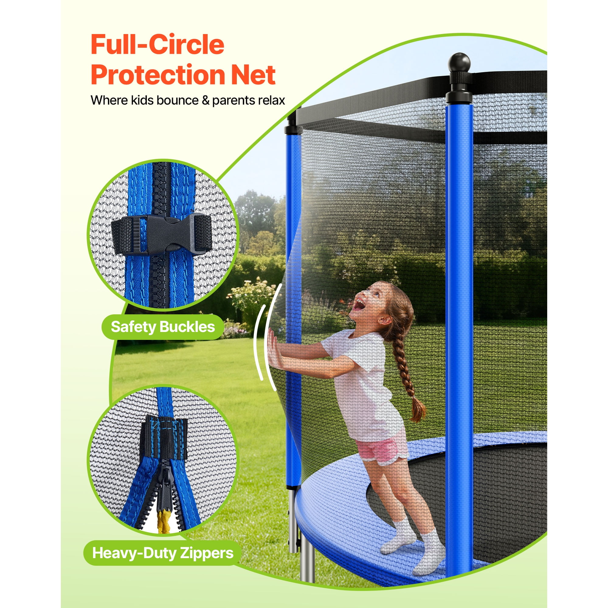 KFFKFF 8ft Outdoor Trampoline with Safety Enclosure, Rust-Resistant Steel Frame, High-Bounce Recreational Set (Black, 8ft) whsg3