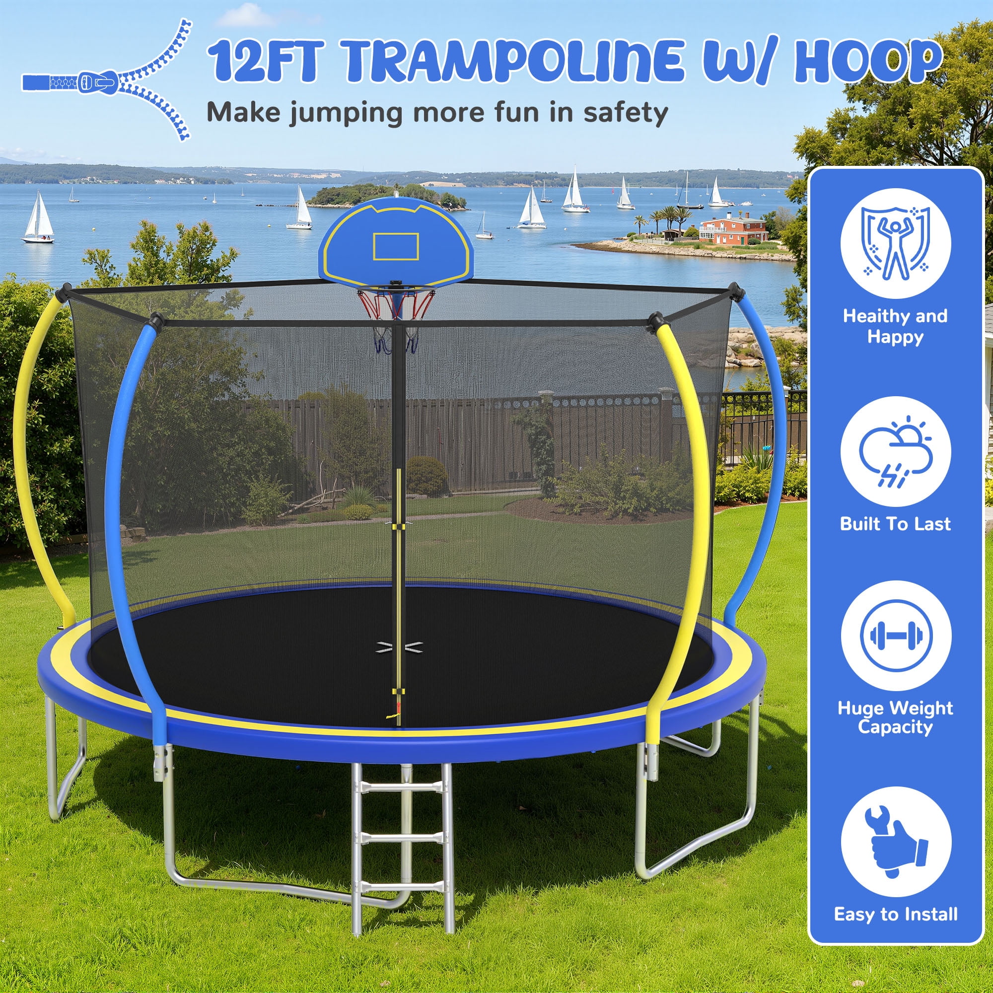 Seizeen 12 ft Round Trampoline with Enclosure Net, Basketball Hoop, Ladder, and Waterproof Cover (Blue, 12 ft) 3k4ac