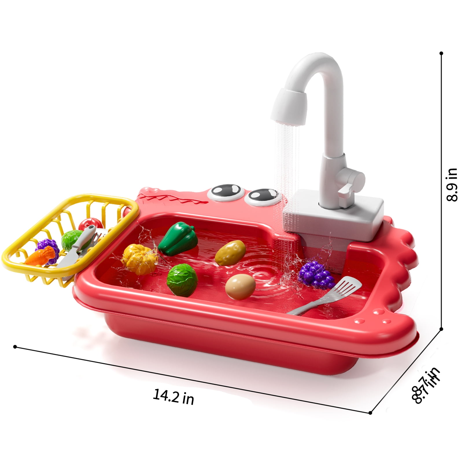 iHaHa Kitchen Play Sink Toy Set with Running Water and Pretend Food Accessories (Red, 18 Piece Set) 3gvht