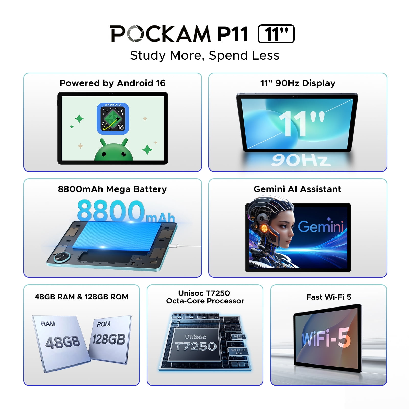 POCKAM P11 11-inch Android 16 Tablet with Gemini AI, 48GB RAM, 128GB Storage, Keyboard and Stylus Included (Blue, 11-inch) 32e9i