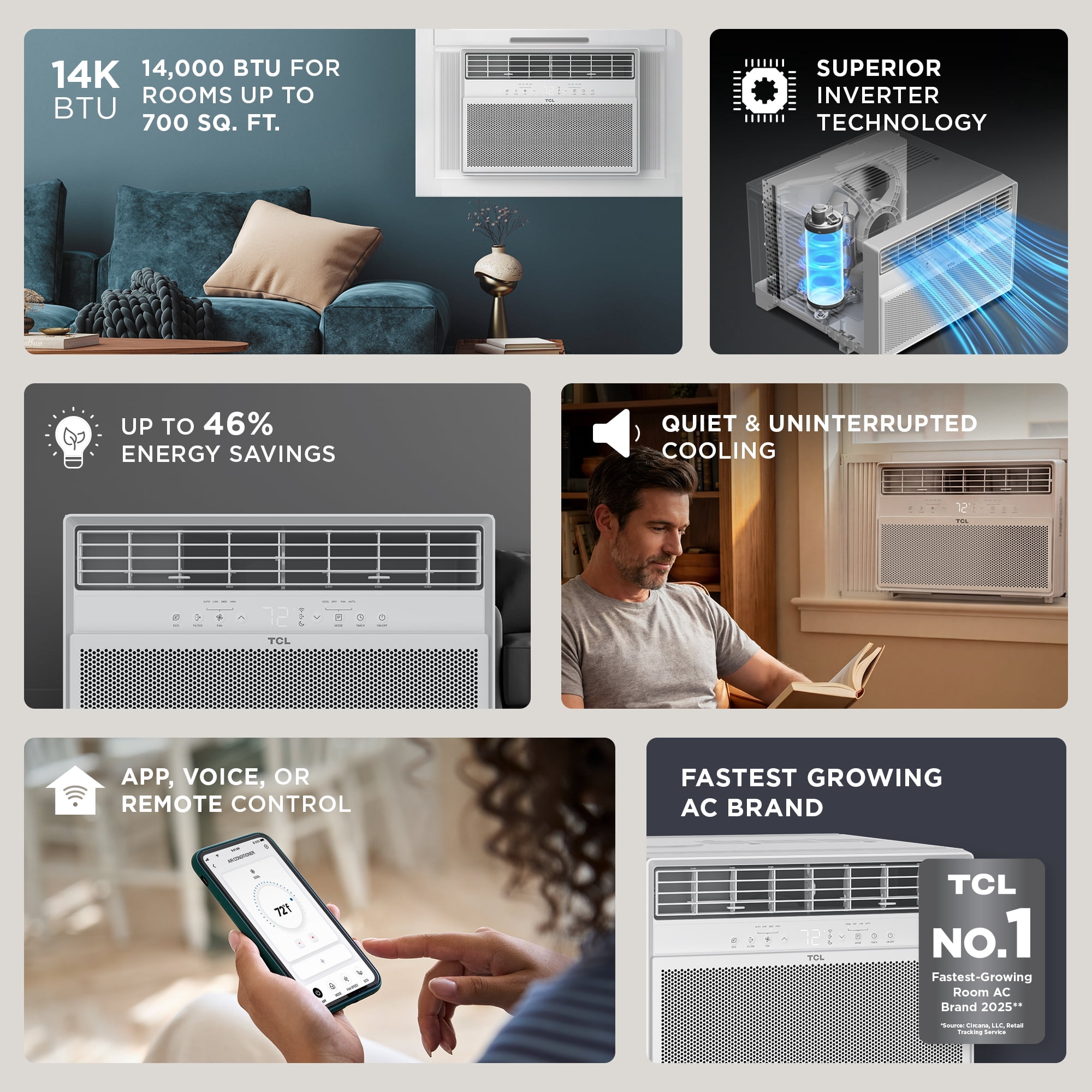 TCL 14,000 BTU Smart Inverter Window Air Conditioner (White, 700 Sq ft Coverage) dsq35