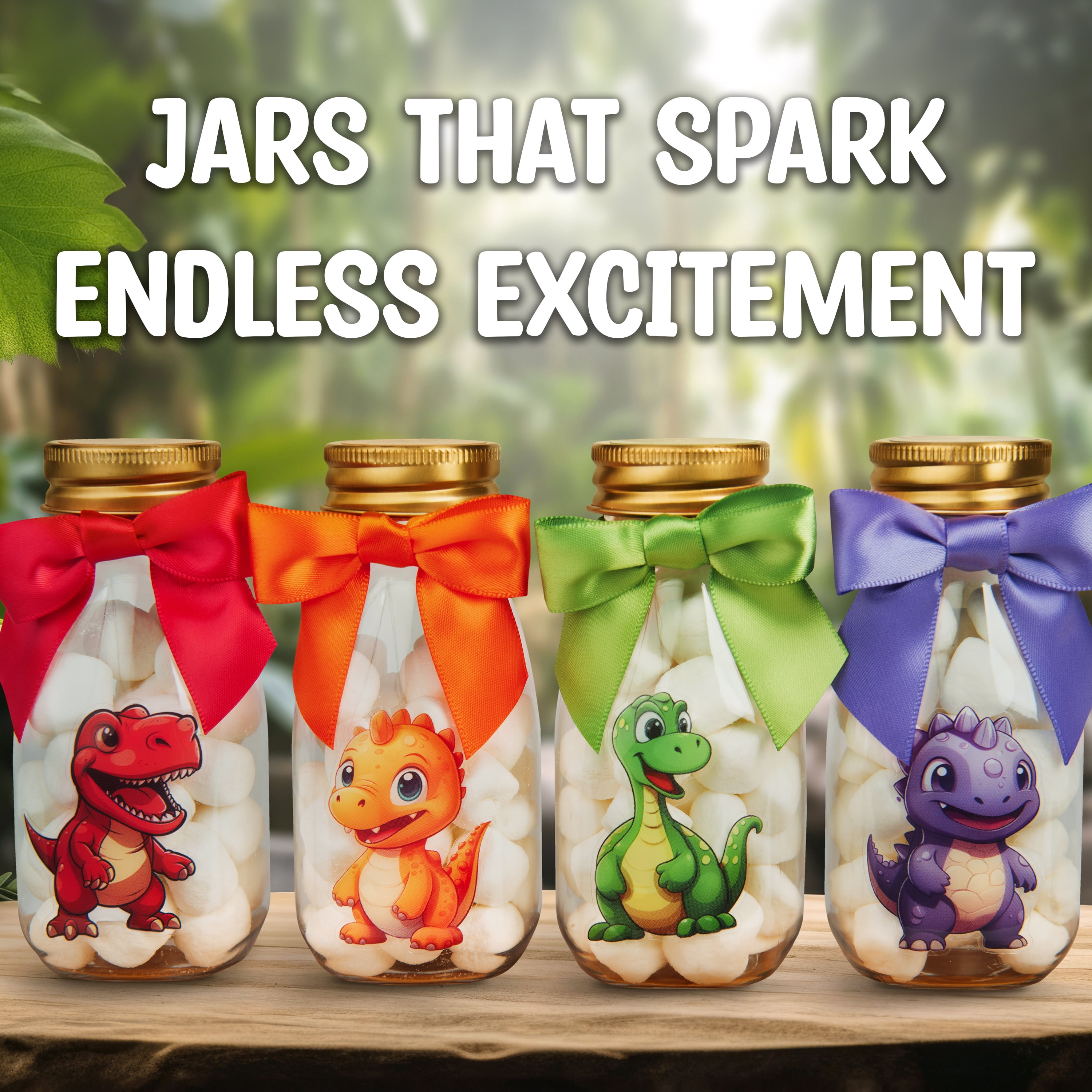 Ethisa Dinosaur Party Favor DIY Candy Jars with Ribbons and Stickers (Gold, 12 Pack, 4 fl oz) fbhbq