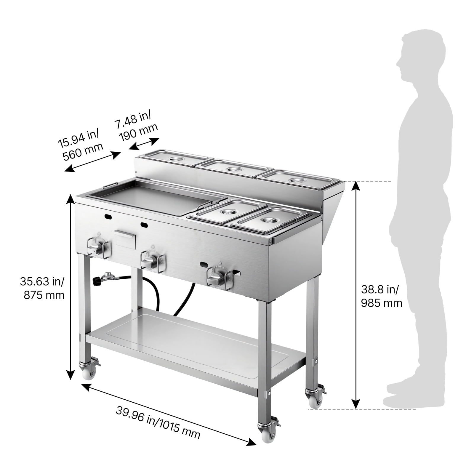 VEVOR Outdoor Propane Griddle, 3-Burner Commercial Stainless Steel Cooking Station with Warming Pans and Portable Cart (34,800 BTU) ednun