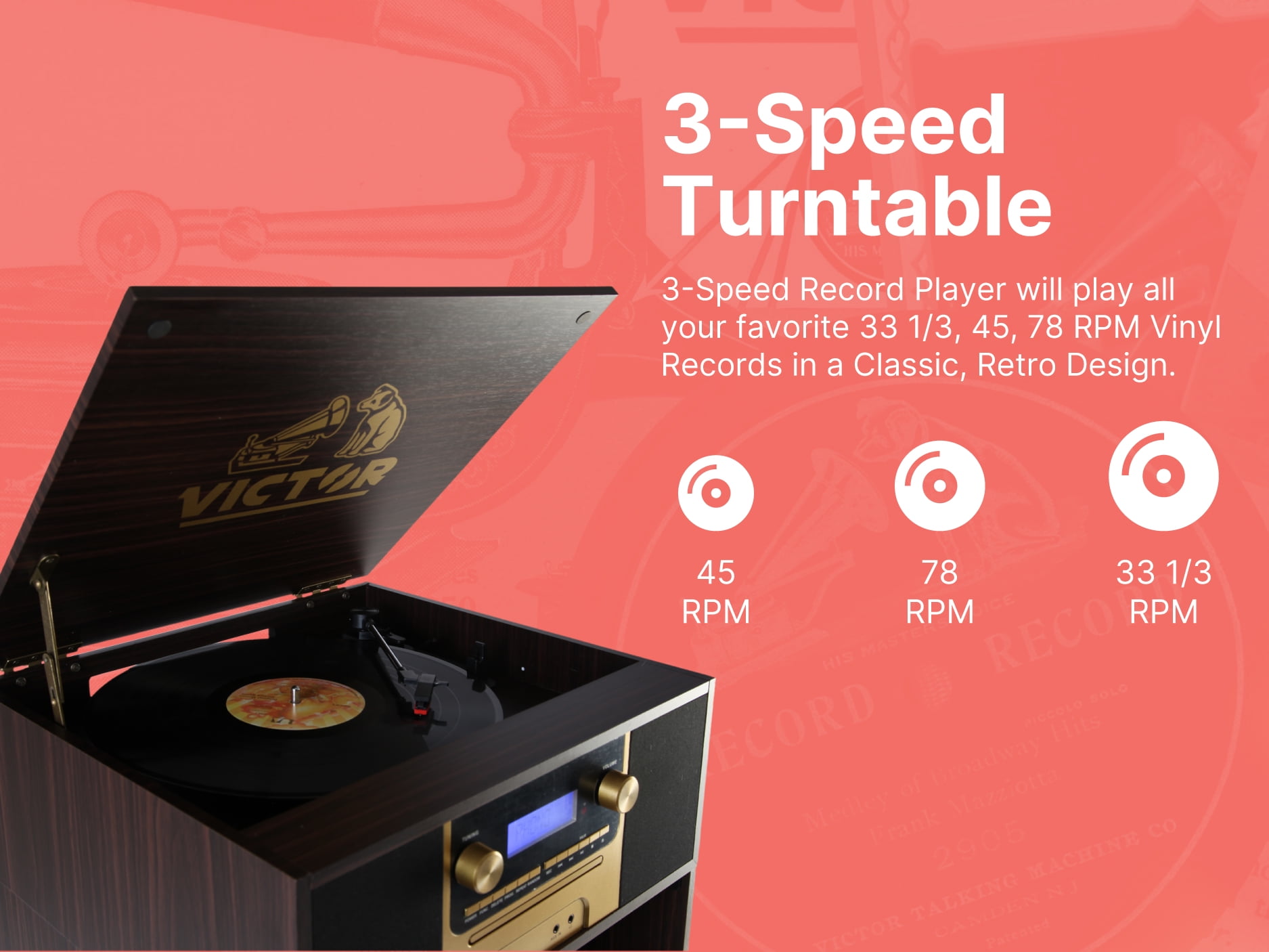 Victor Boyleston 7-in-1 Bluetooth Wireless Turntable Music Center with USB Speakers (Mahogany, 1 Unit) r8x5i