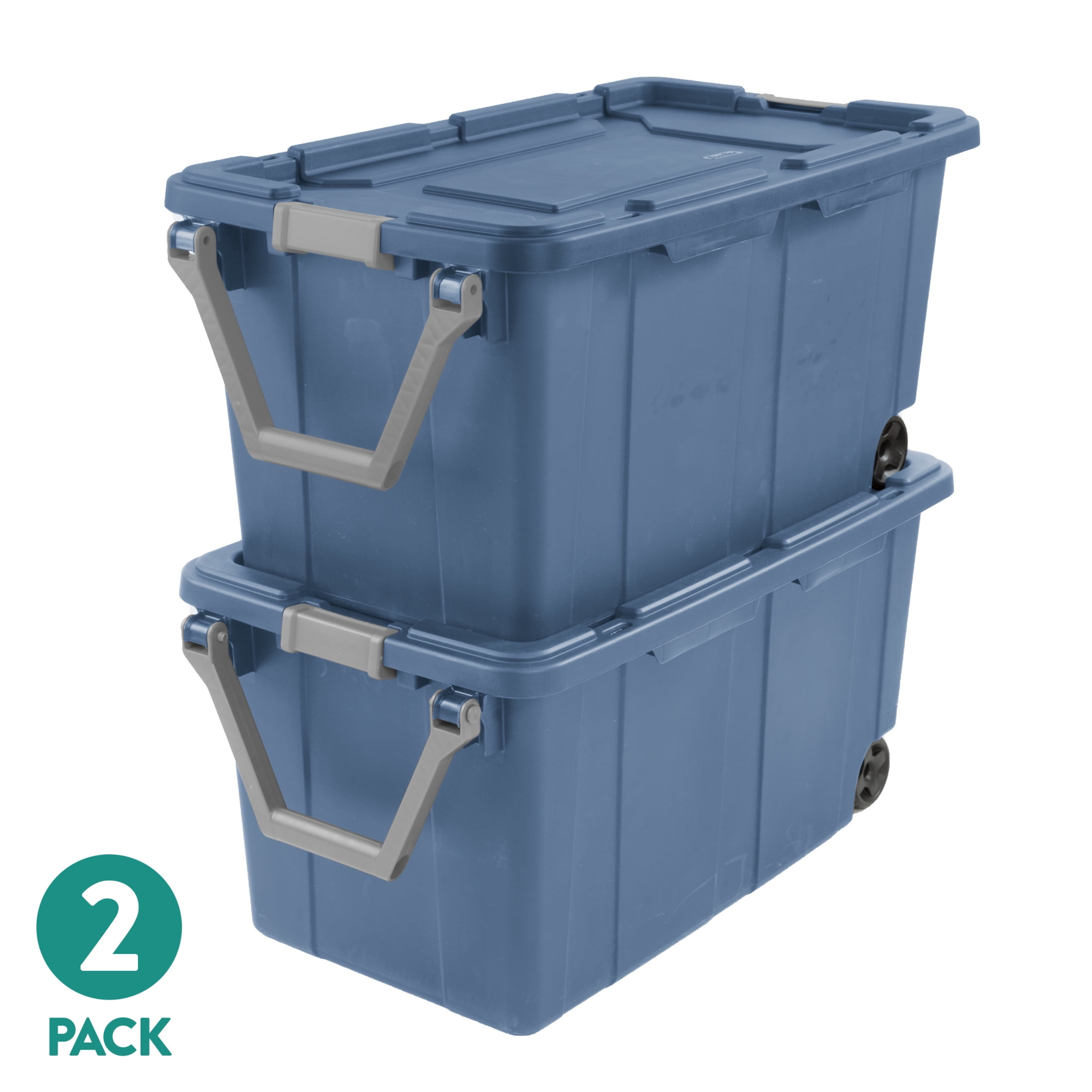 Sterilite Industrial Wheeled Storage Bin, Heavy-Duty Plastic Tote with Latching Lid and Pull Handle (Blue, 40 Gallon, 2 Pack) 1srgn