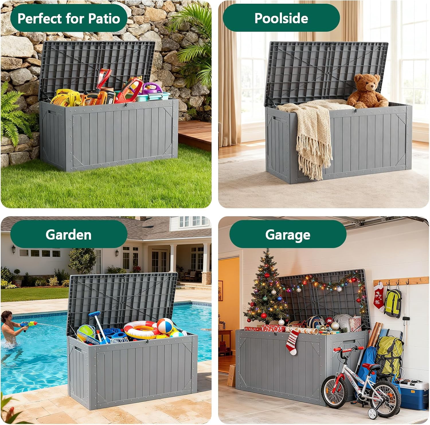 ToyKAKA 100 Gallon Outdoor Storage Box, Weather-Resistant Resin Deck Organizer for Patio Cushions and Garden Tools (Gray, 100 Gallon) mwgfz