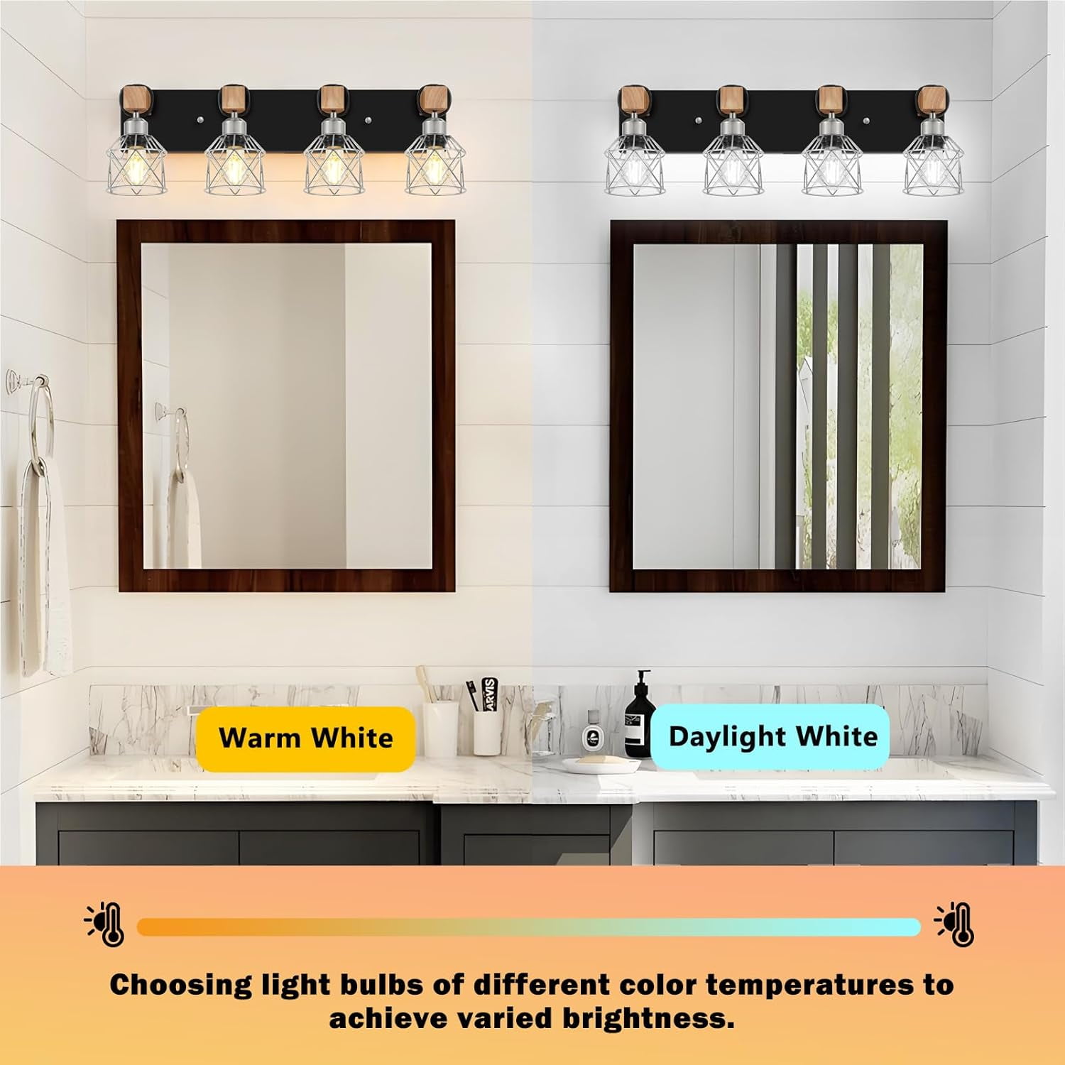 Licperron 4-Light Farmhouse Vanity Lighting, Rustic Wood and Metal Cage Wall Sconce (Black, 25.6 in) 4tl37